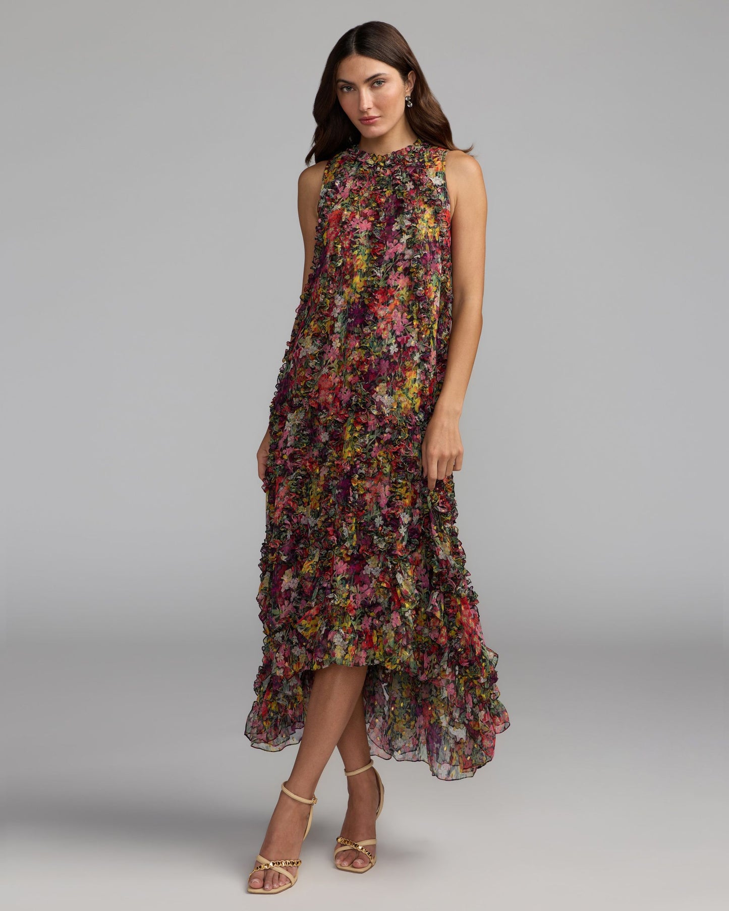 Multicolor Sleeveless Floral Micro Ruffle Trapeze Midi Dress