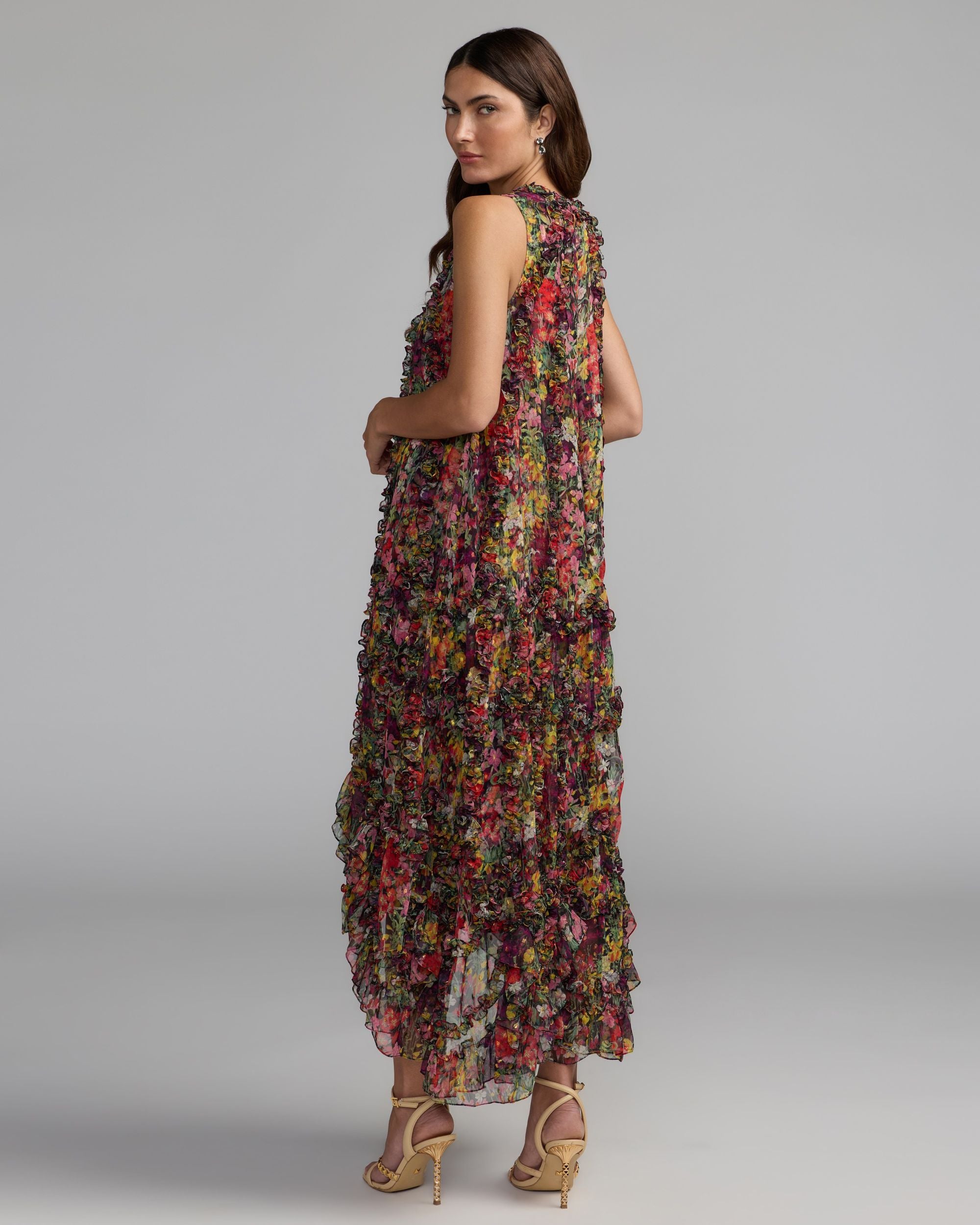 Multicolor Sleeveless Floral Chiffon Micro Ruffle Trapeze Midi Dress - Mac Duggal