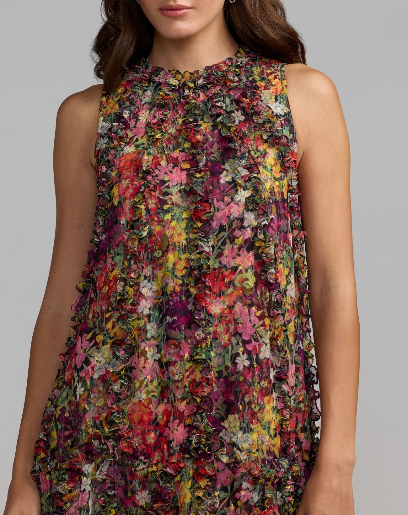 Multicolor Sleeveless Floral Chiffon Micro Ruffle Trapeze Midi Dress - Mac Duggal