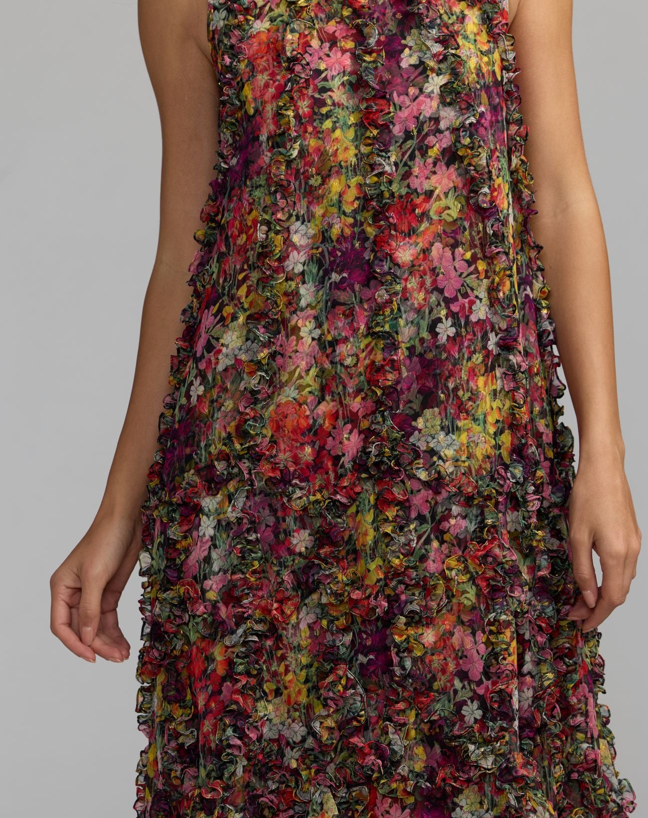 Multicolor Sleeveless Floral Chiffon Micro Ruffle Trapeze Midi Dress - Mac Duggal