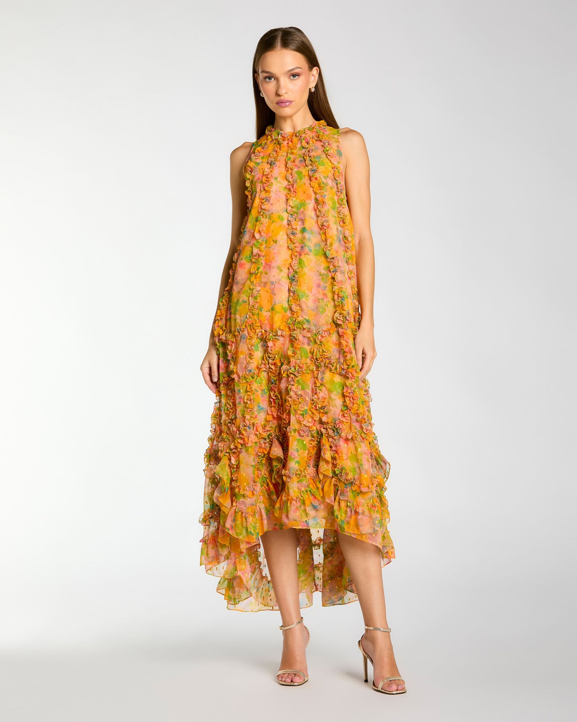 Yellow Sleeveless Floral Chiffon Micro Ruffle Midi Dress Mac Duggal