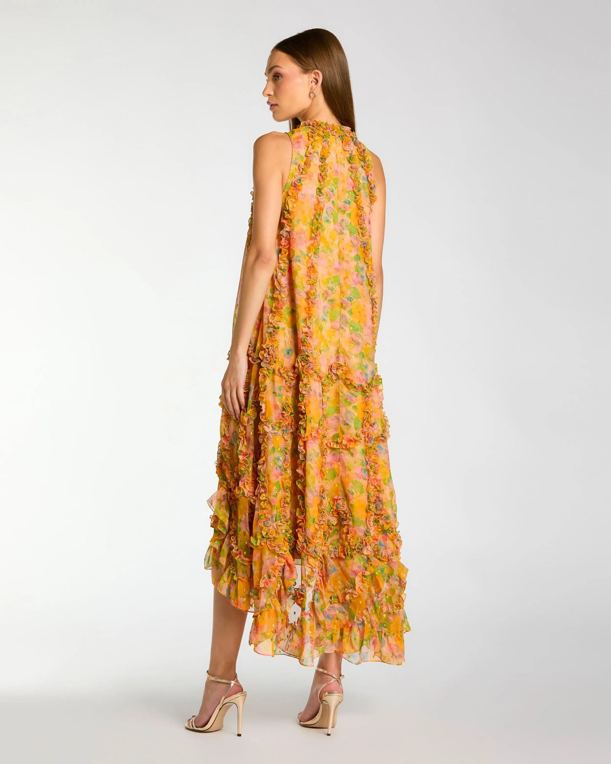 Yellow Sleeveless Floral Micro Ruffle Trapeze Midi Dress | Mac Duggal Yellow Sleeveless Floral Micro Ruffle Trapeze Midi Dress | Mac Duggal