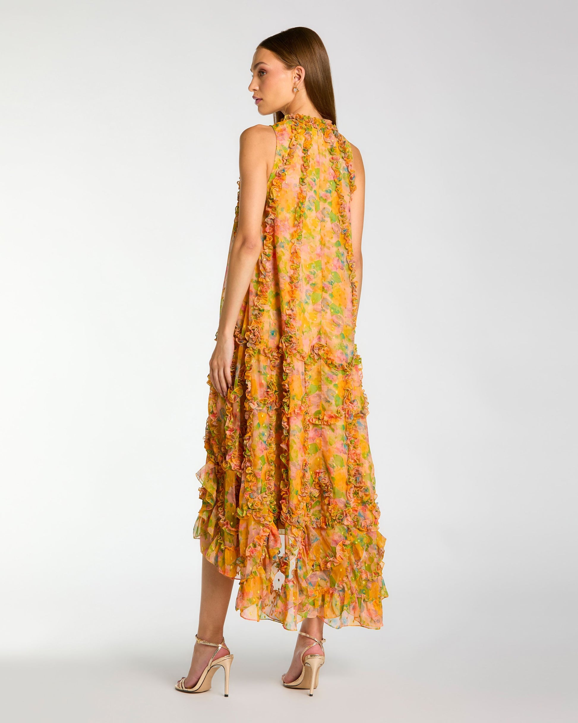 Yellow Sleeveless Floral Chiffon Micro Ruffle Midi Dress Mac Duggal