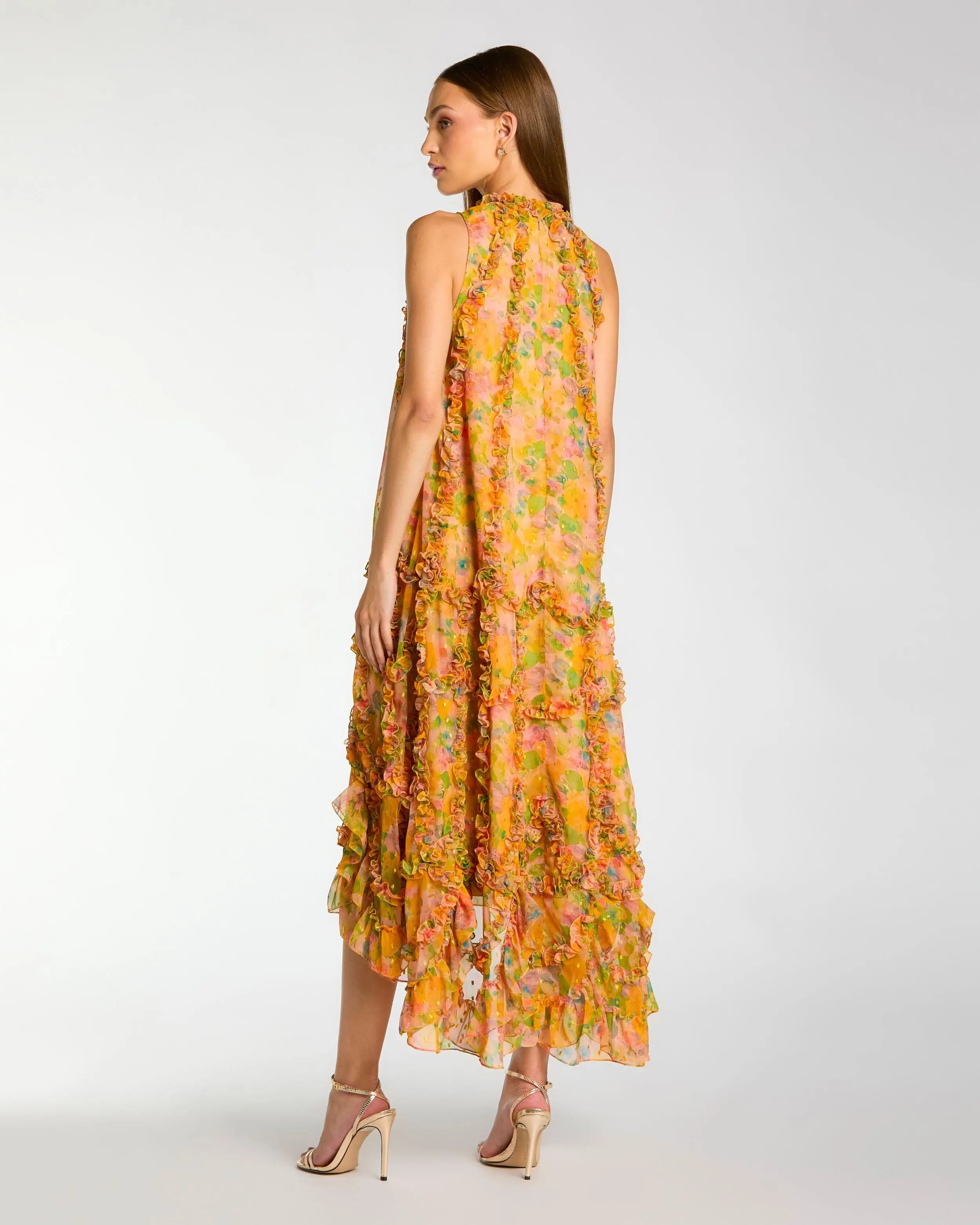 Yellow Sleeveless Floral Chiffon Micro Ruffle Midi Dress Mac Duggal