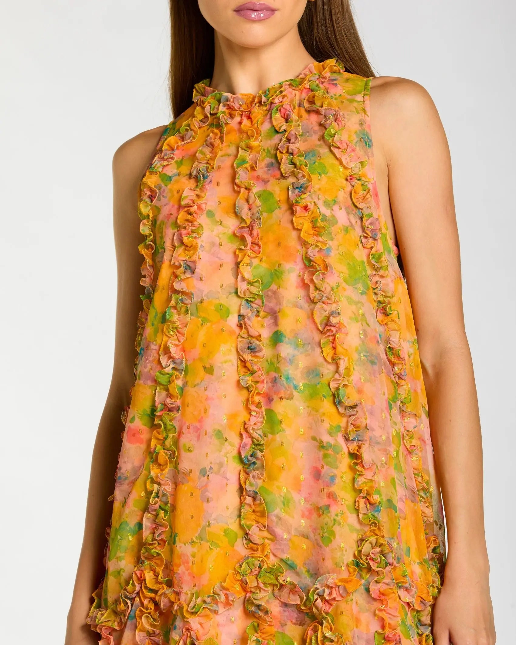 Yellow Sleeveless Floral Micro Ruffle Trapeze Midi Dress