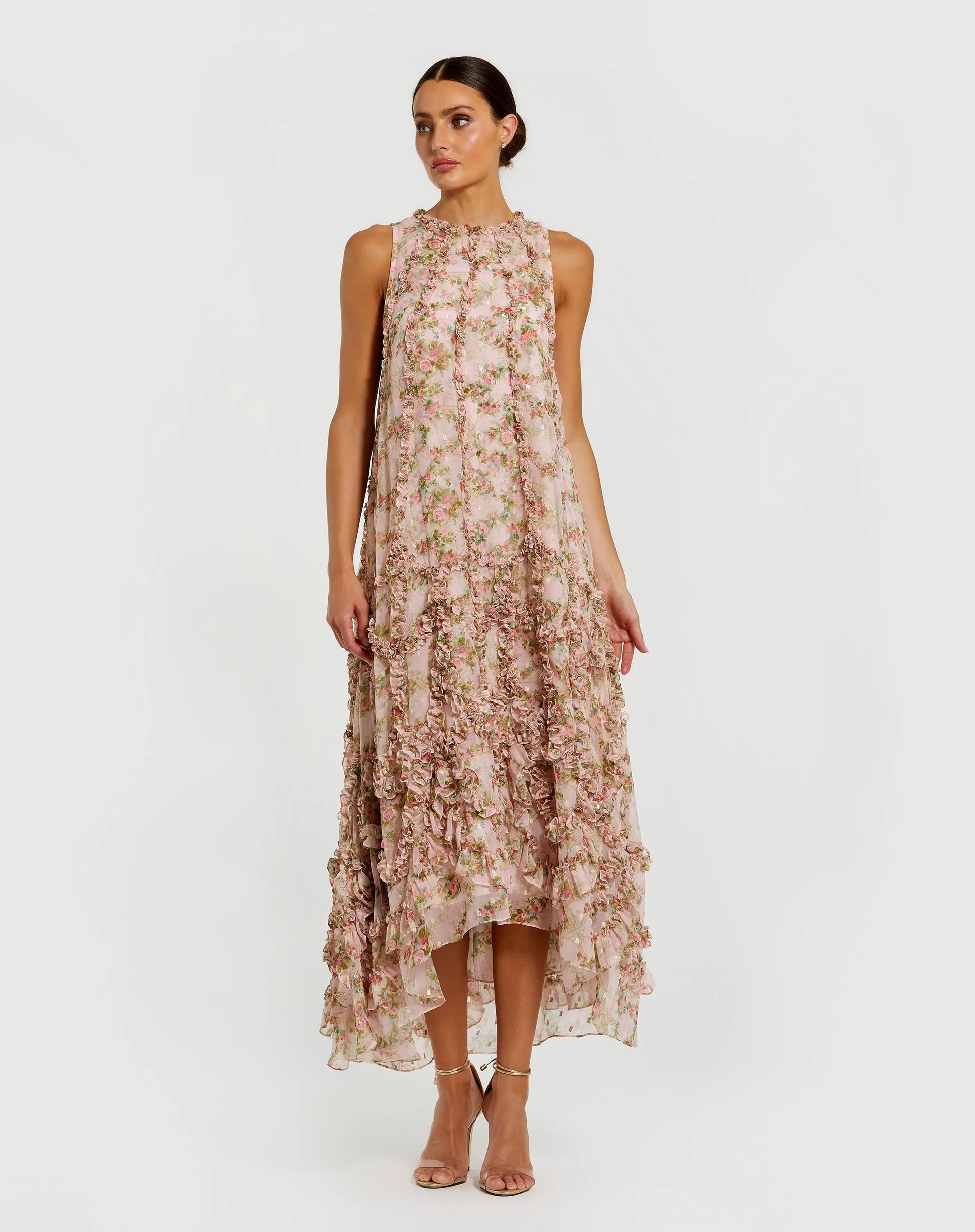 Pink Sleeveless Floral Micro Ruffle Trapeze Midi Dress | Mac Duggal Pink Sleeveless Floral Micro Ruffle Trapeze Midi Dress | Mac Duggal