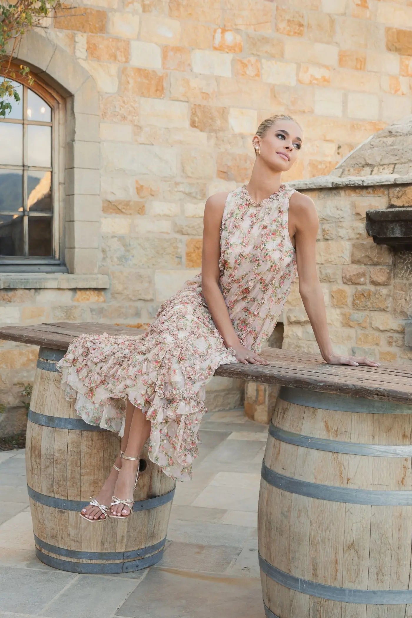 Pink Sleeveless Floral Micro Ruffle Trapeze Midi Dress Pink Sleeveless Floral Micro Ruffle Trapeze Midi Dress