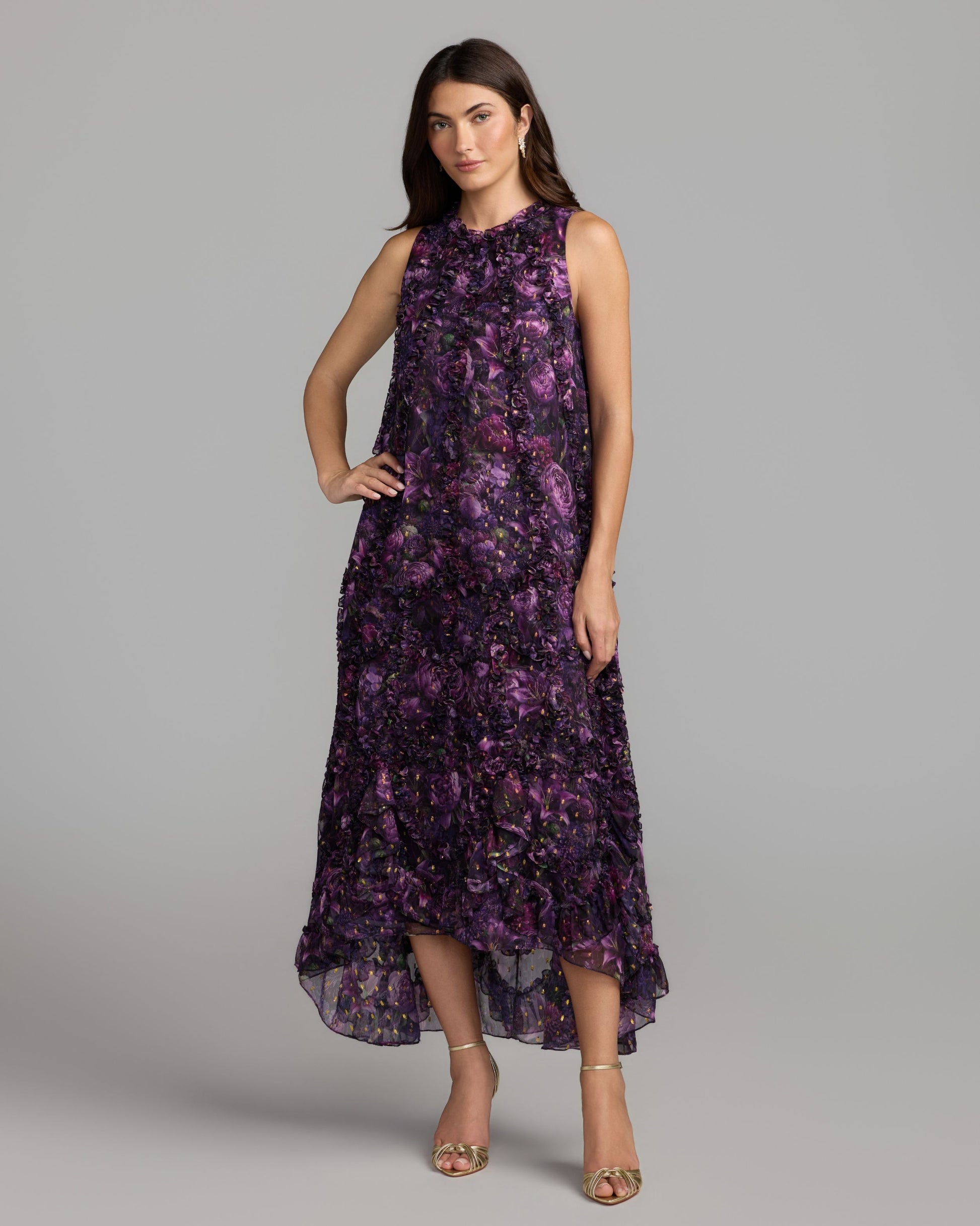 Purple Sleeveless Floral Micro Ruffle Trapeze Midi Dress Mac Duggal