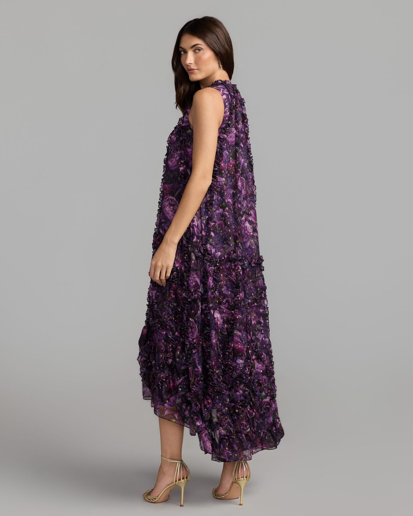 Purple Sleeveless Floral Micro Ruffle Trapeze Midi Dress Mac Duggal
