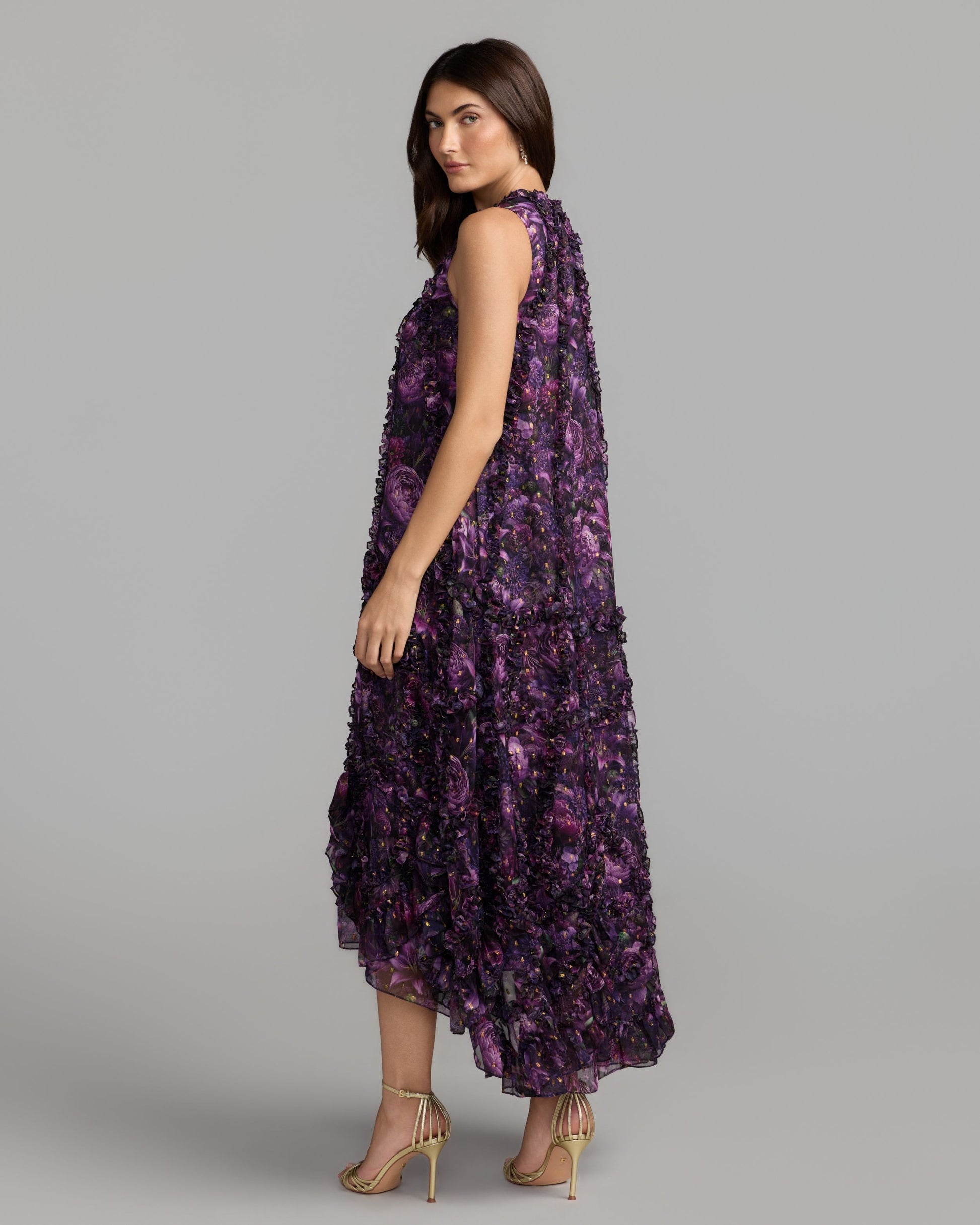 Purple Sleeveless Floral Micro Ruffle Trapeze Midi Dress Mac Duggal
