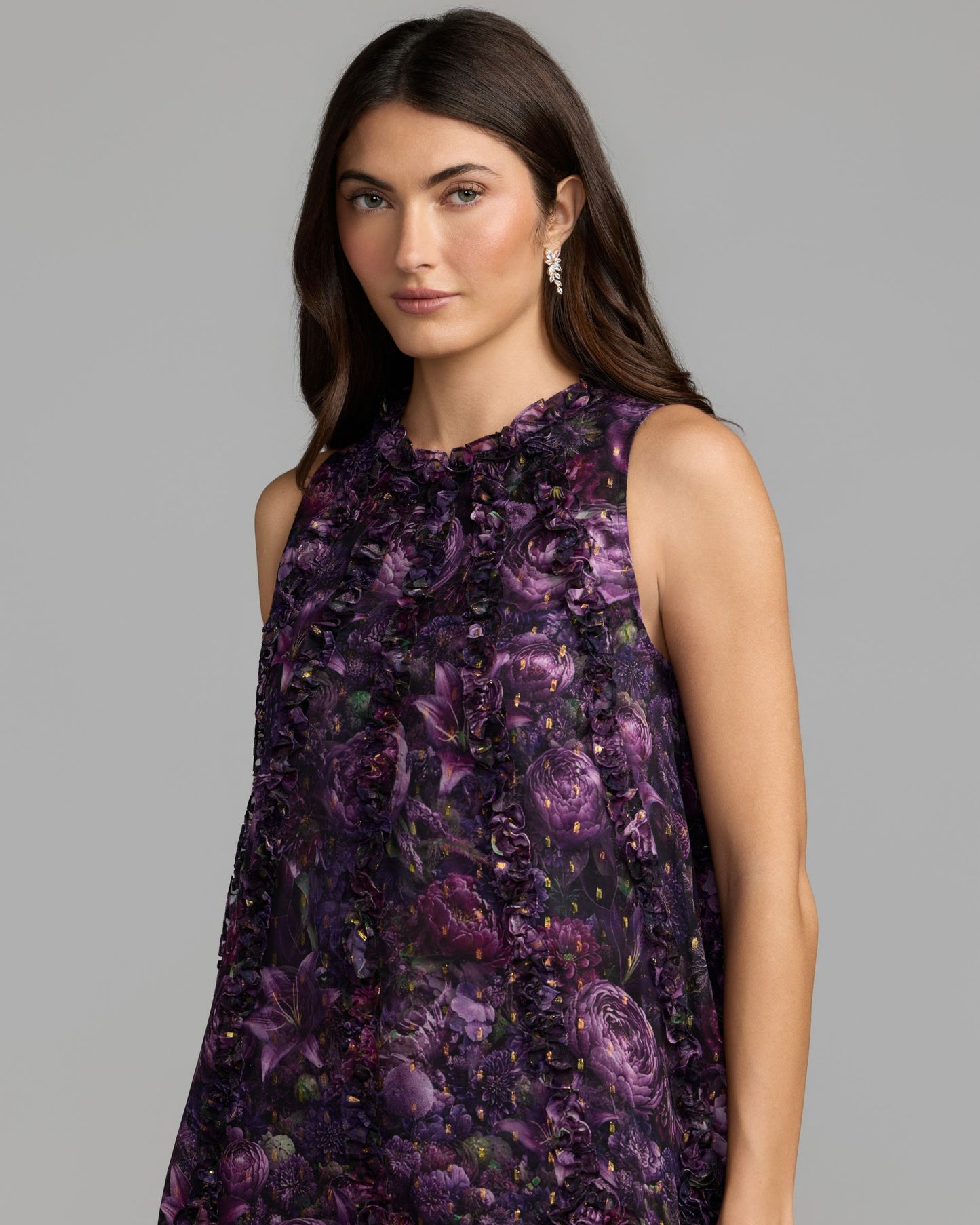 Purple Sleeveless Floral Micro Ruffle Trapeze Midi Dress Mac Duggal