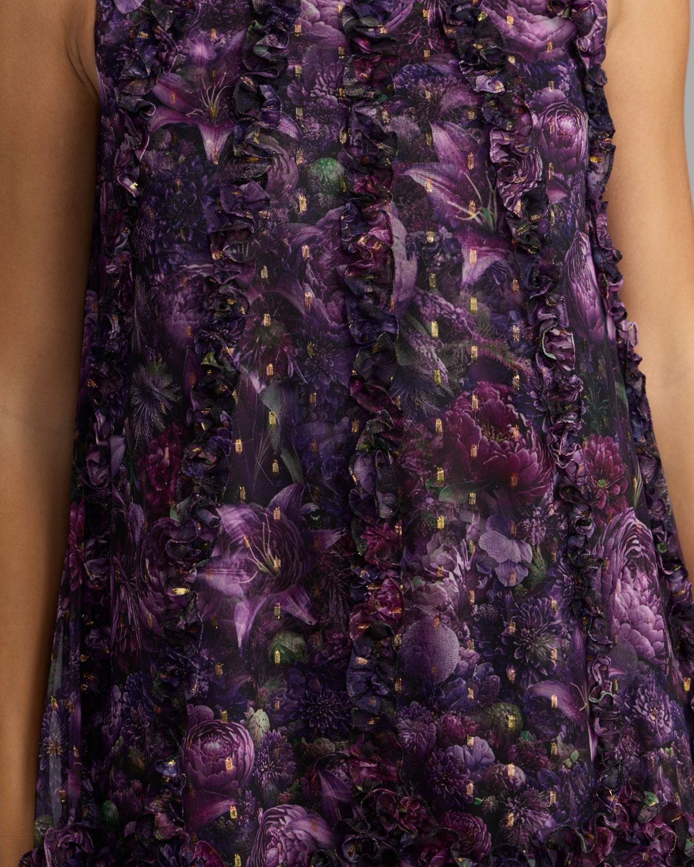 Purple Sleeveless Floral Micro Ruffle Trapeze Midi Dress Mac Duggal