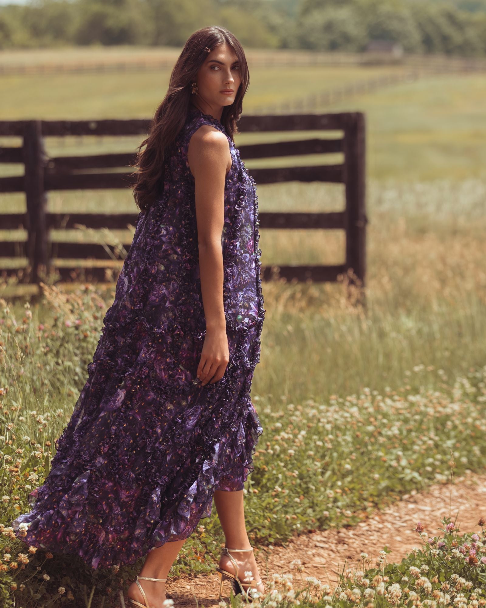Purple Sleeveless Floral Micro Ruffle Trapeze Midi Dress Mac Duggal