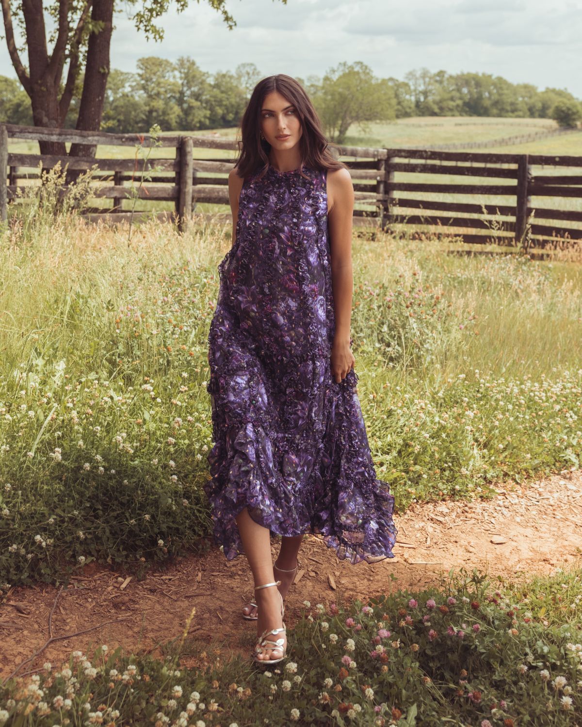 Purple Sleeveless Floral Micro Ruffle Trapeze Midi Dress Mac Duggal
