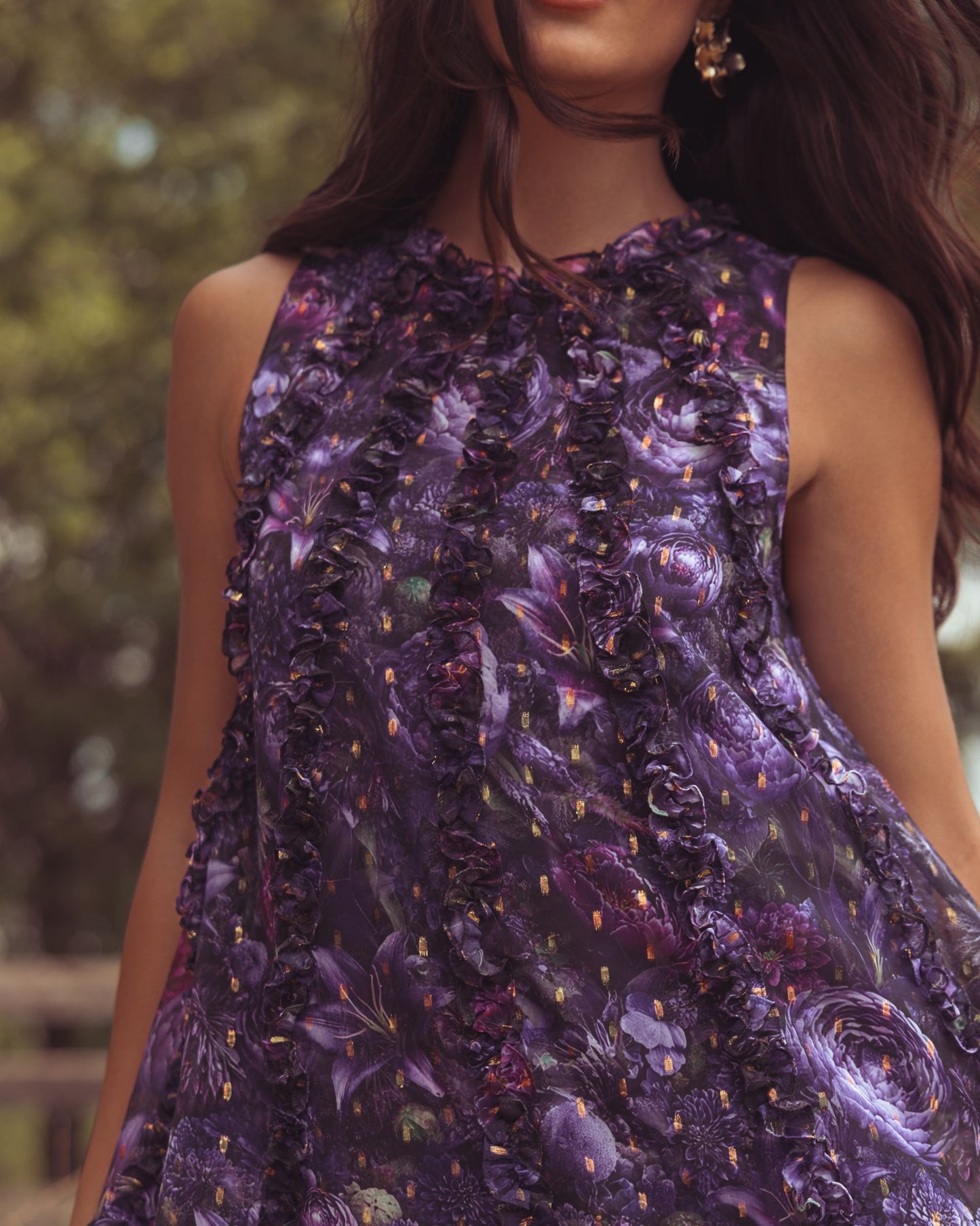 Purple Sleeveless Floral Micro Ruffle Trapeze Midi Dress Mac Duggal