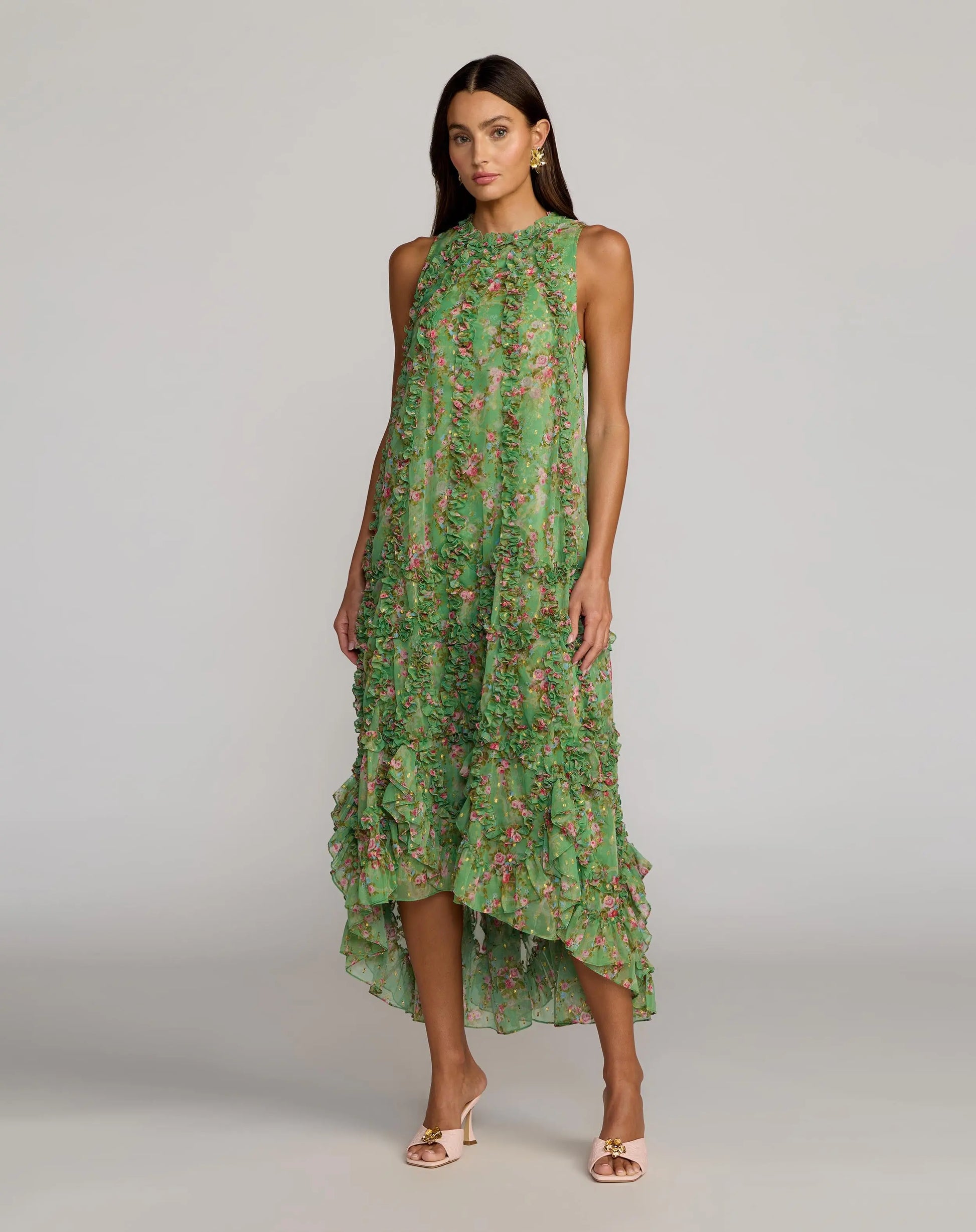 Green Sleeveless Floral Chiffon Micro Ruffle Midi Dress Mac Duggal