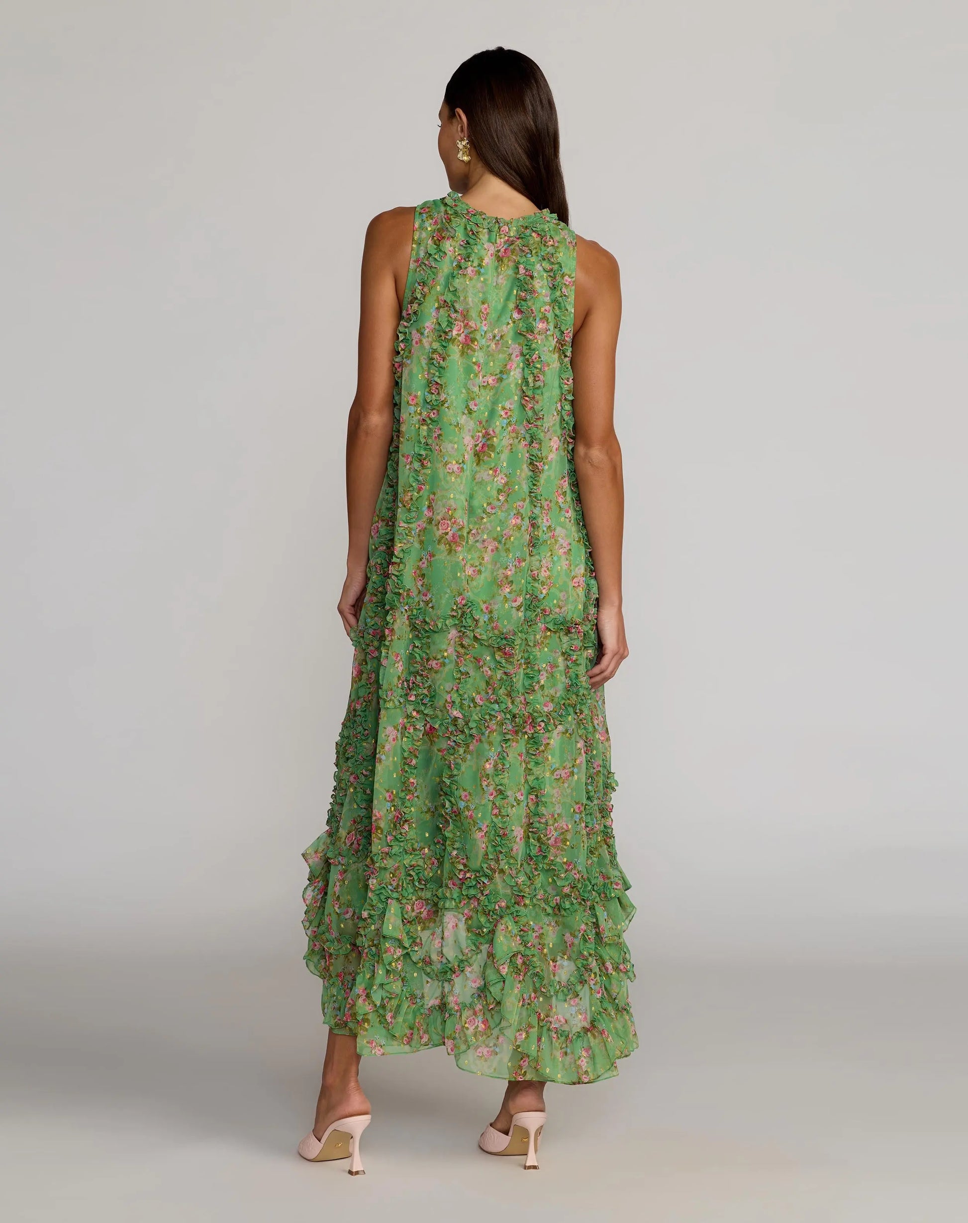 Green Sleeveless Floral Chiffon Micro Ruffle Midi Dress Mac Duggal