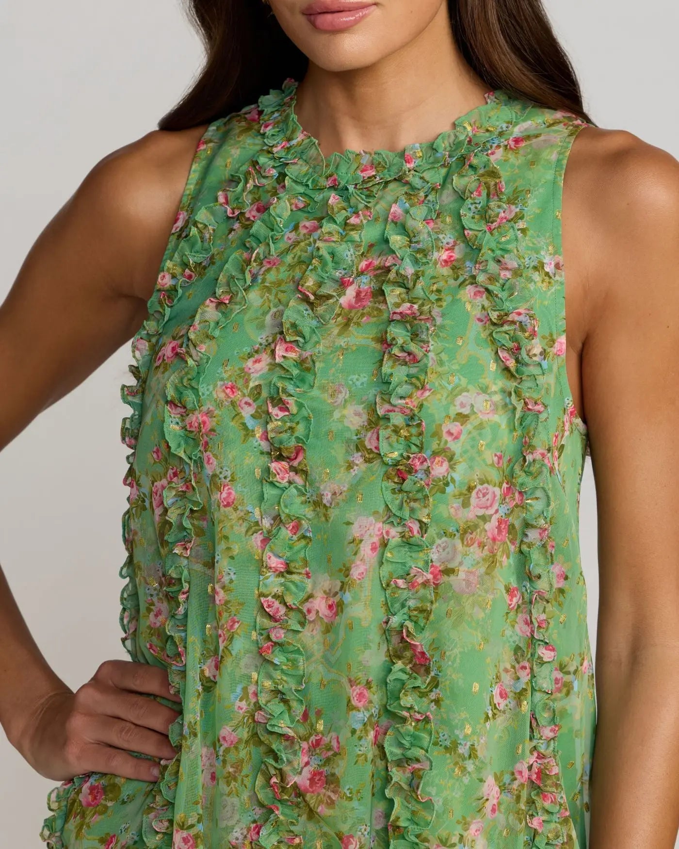 Green Sleeveless Floral Chiffon Micro Ruffle Midi Dress Mac Duggal