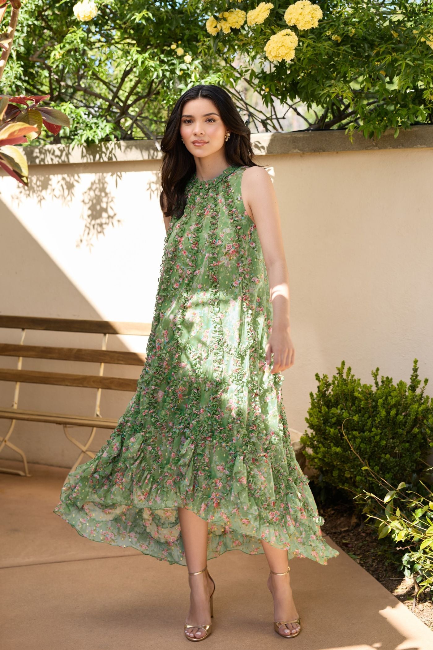 Green Sleeveless Floral Chiffon Micro Ruffle Midi Dress Mac Duggal