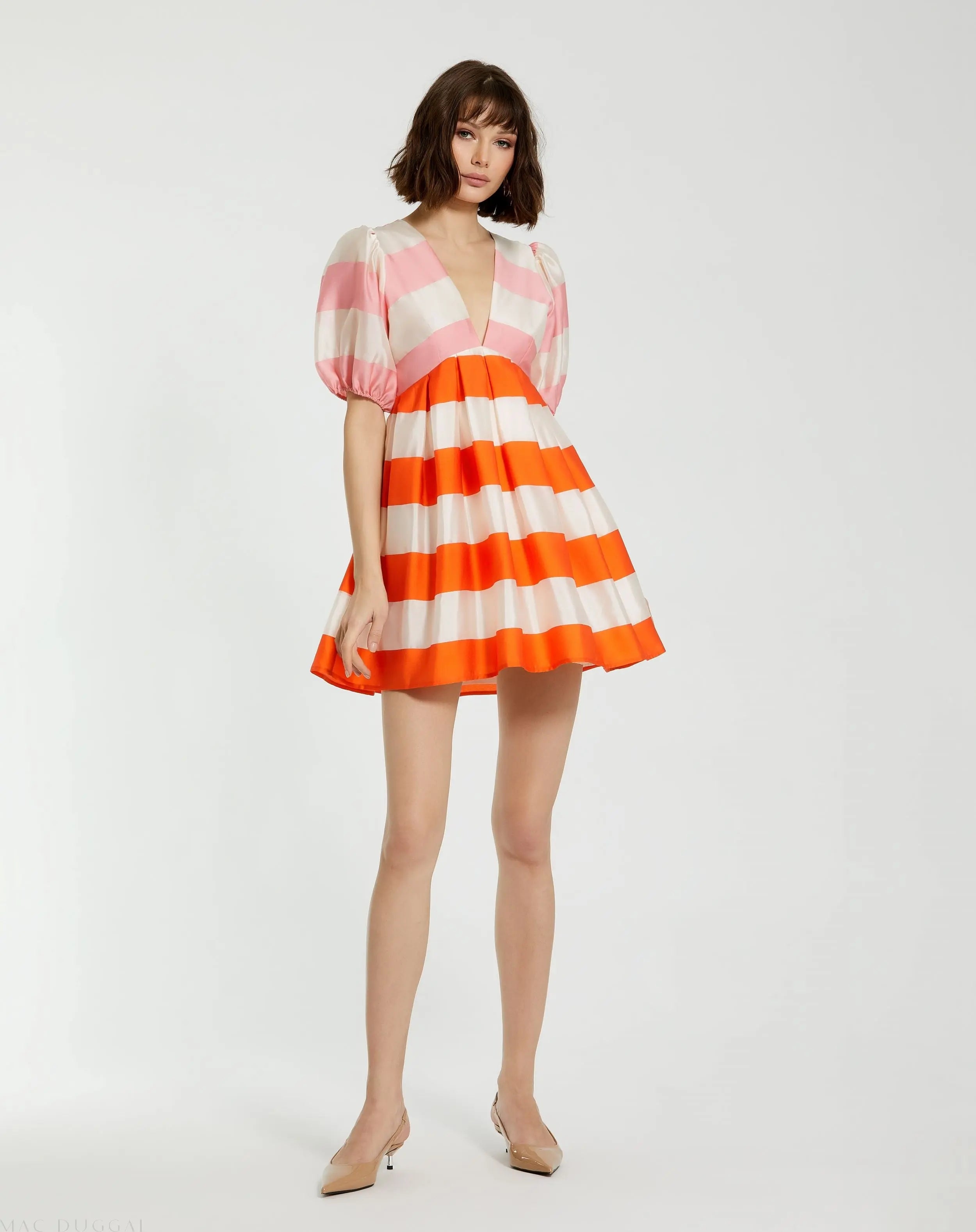 Multicolor Organza Striped Balloon Sleeve Mini Dress - Mac Duggal