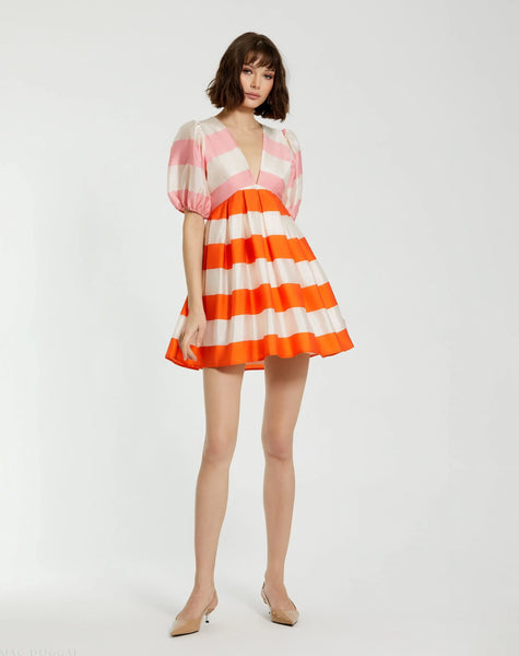 Organza Striped Balloon Sleeve Mini Dress - Mac Duggal