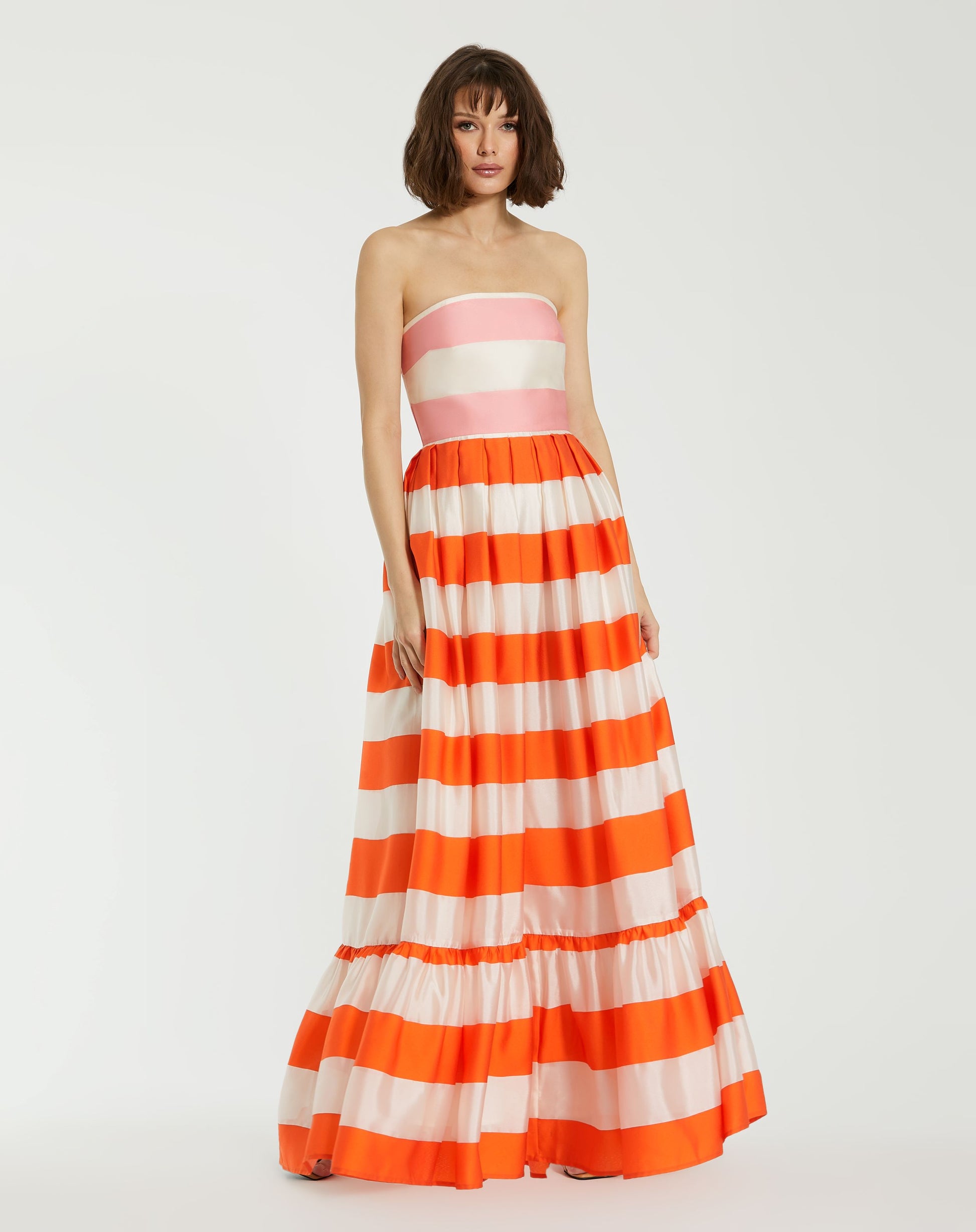 Striped Organza Strapless Ruffle Maxi Dress