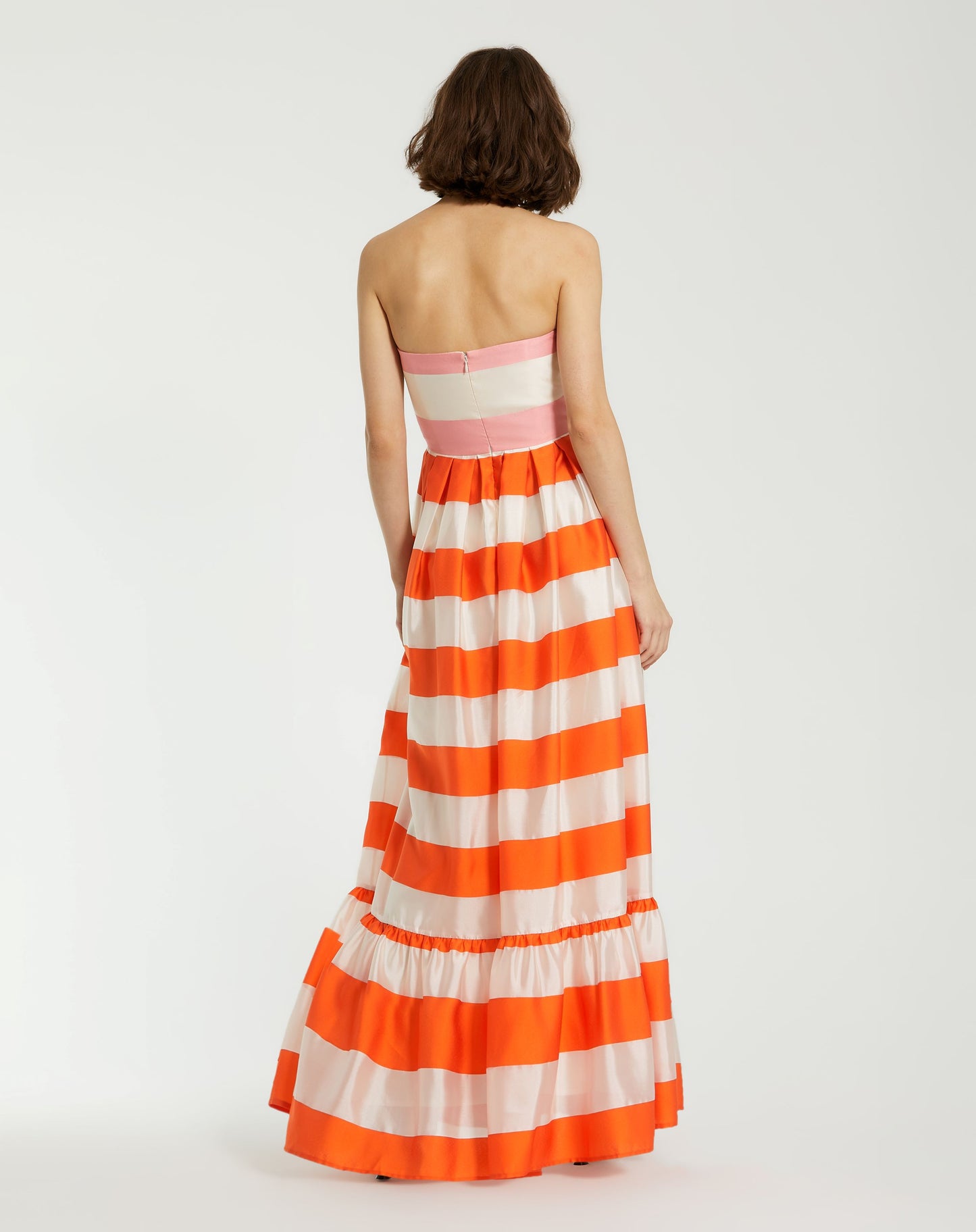 Striped Organza Strapless Ruffle Maxi Dress