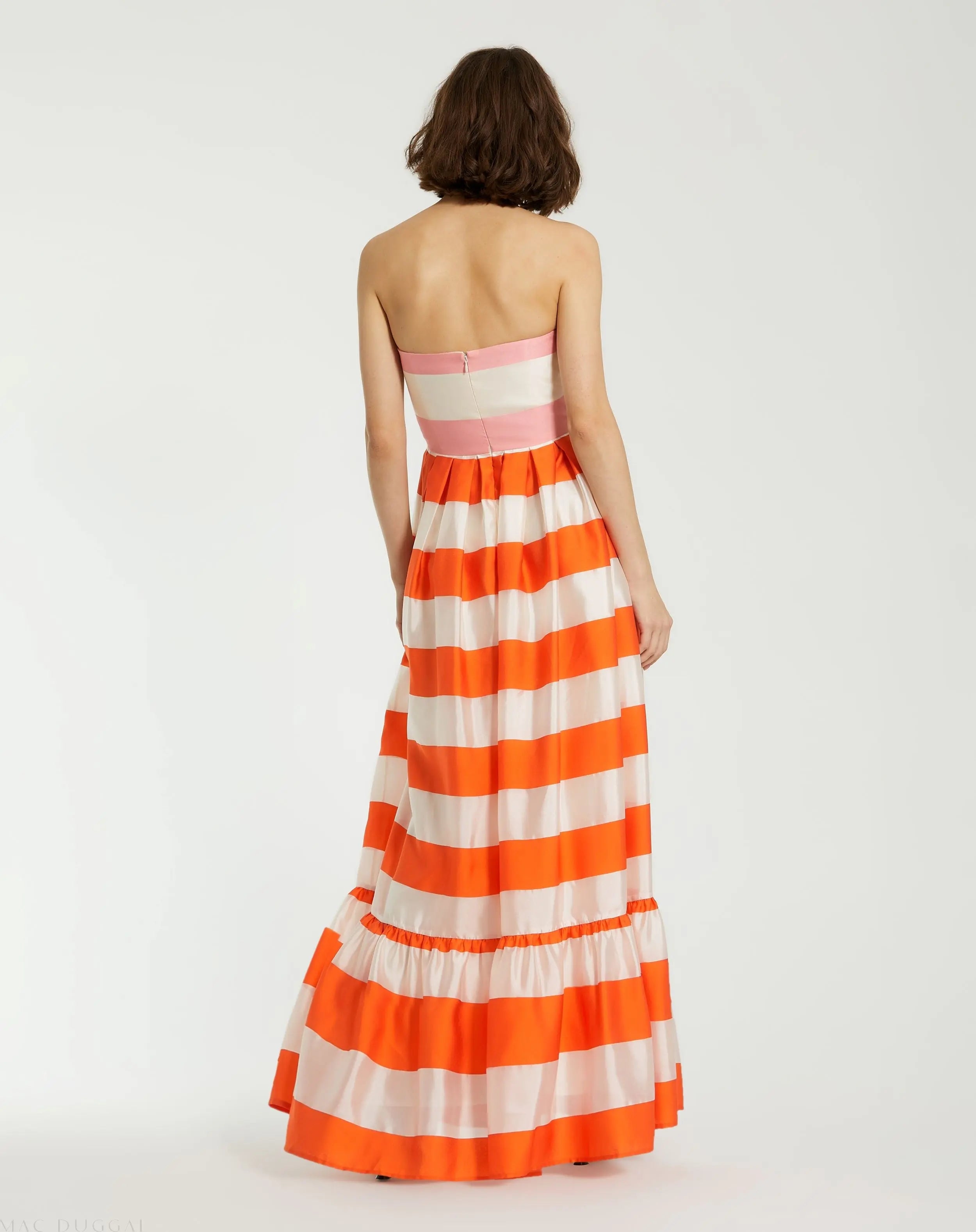Multicolor Striped Organza Strapless Ruffle Maxi Dress - Mac Duggal
