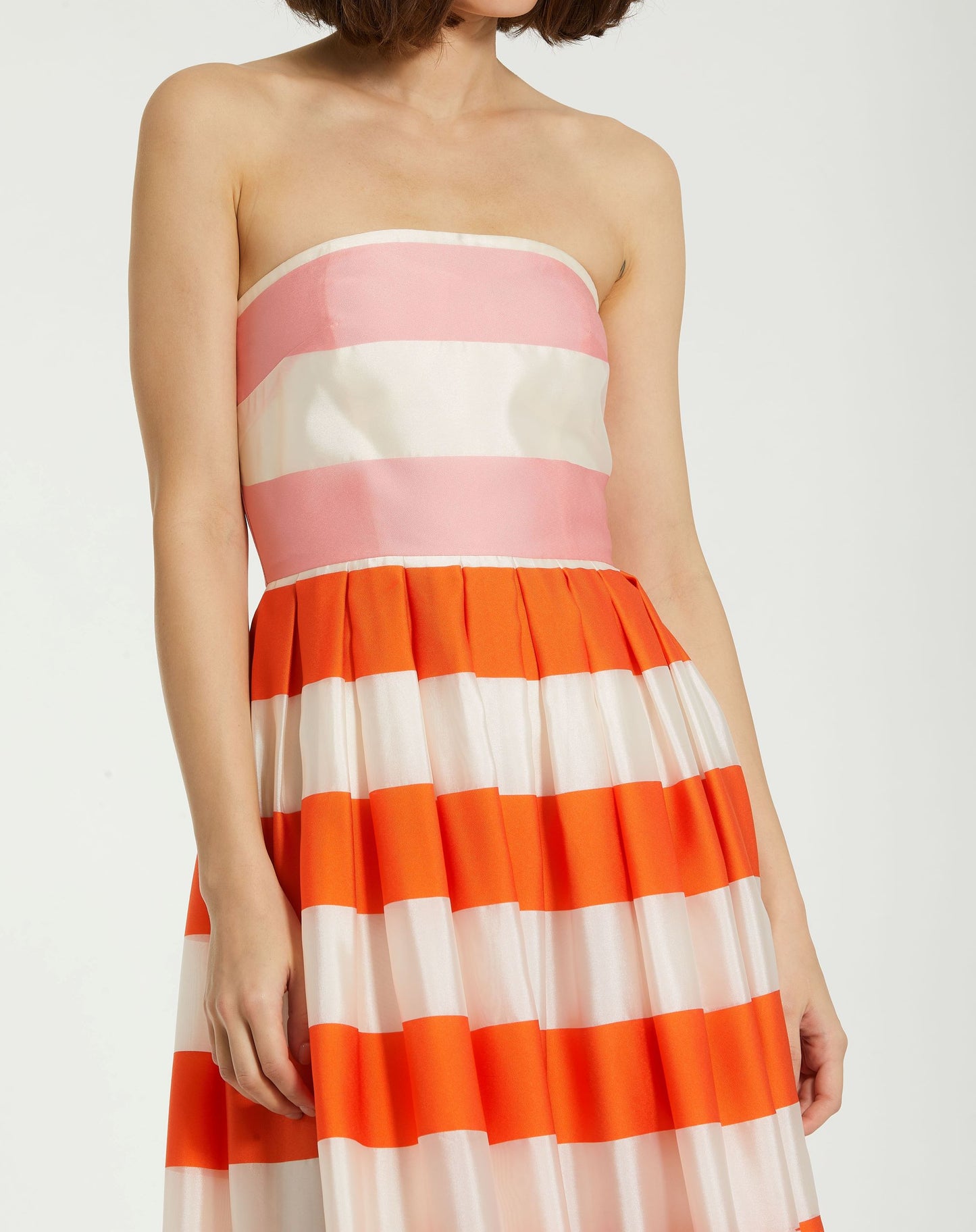 Striped Organza Strapless Ruffle Maxi Dress