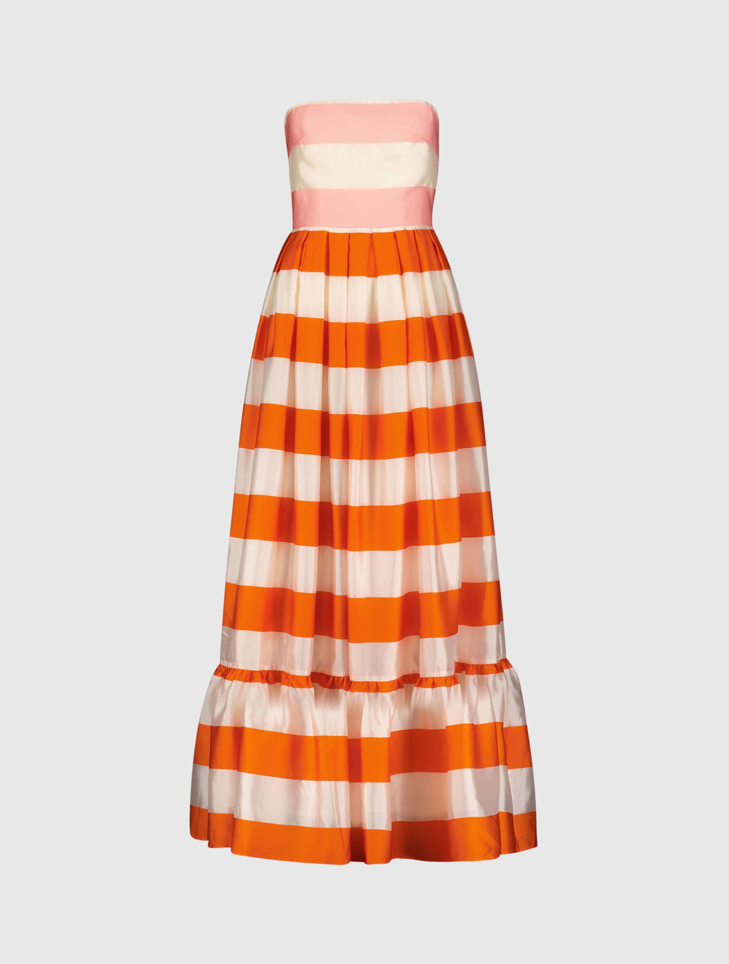 Striped Organza Strapless Ruffle Maxi Dress