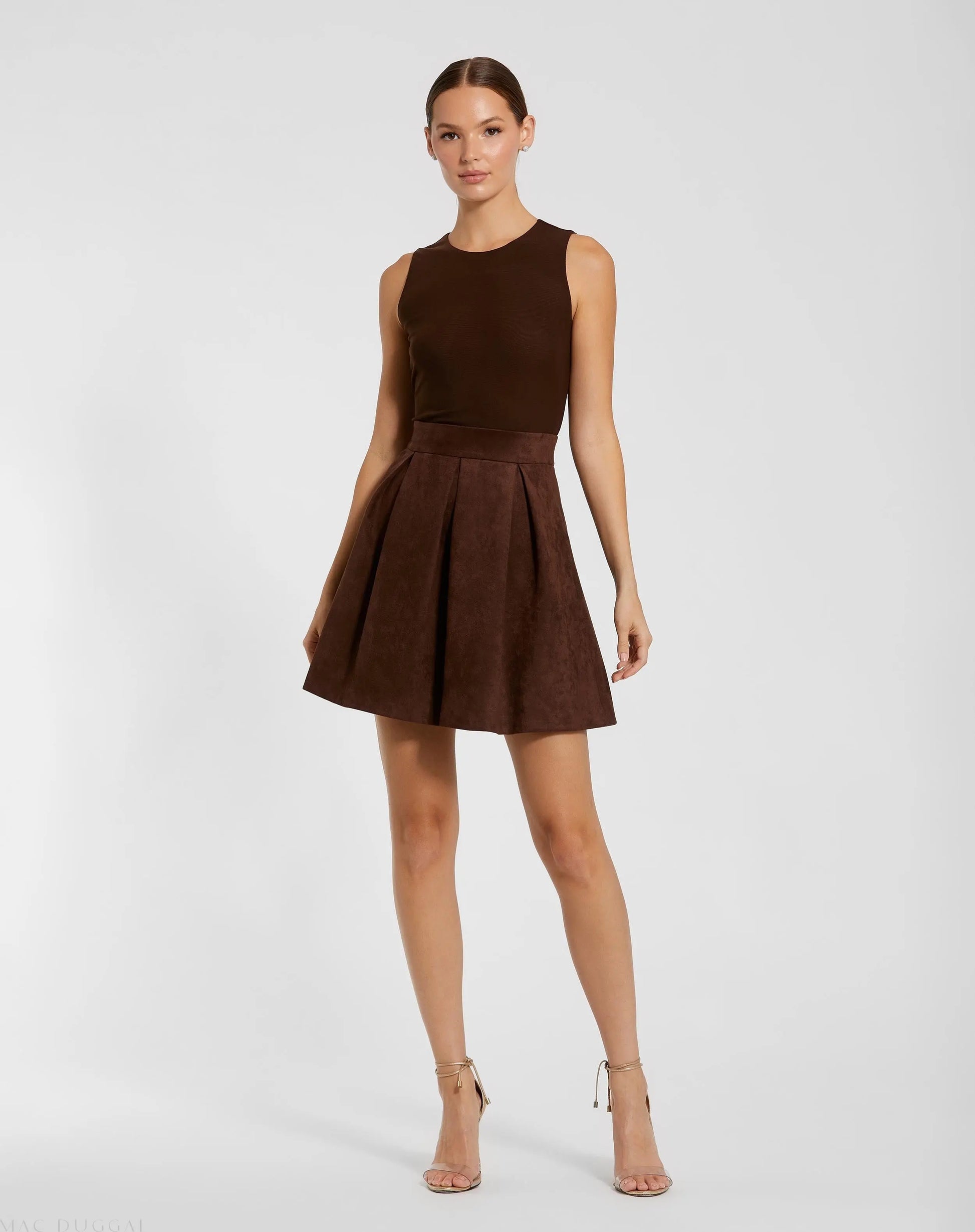 Brown Sleeveless Mesh And Suede A Line Mini Dress | Mac Duggal Brown Sleeveless Mesh And Suede A Line Mini Dress | Mac Duggal