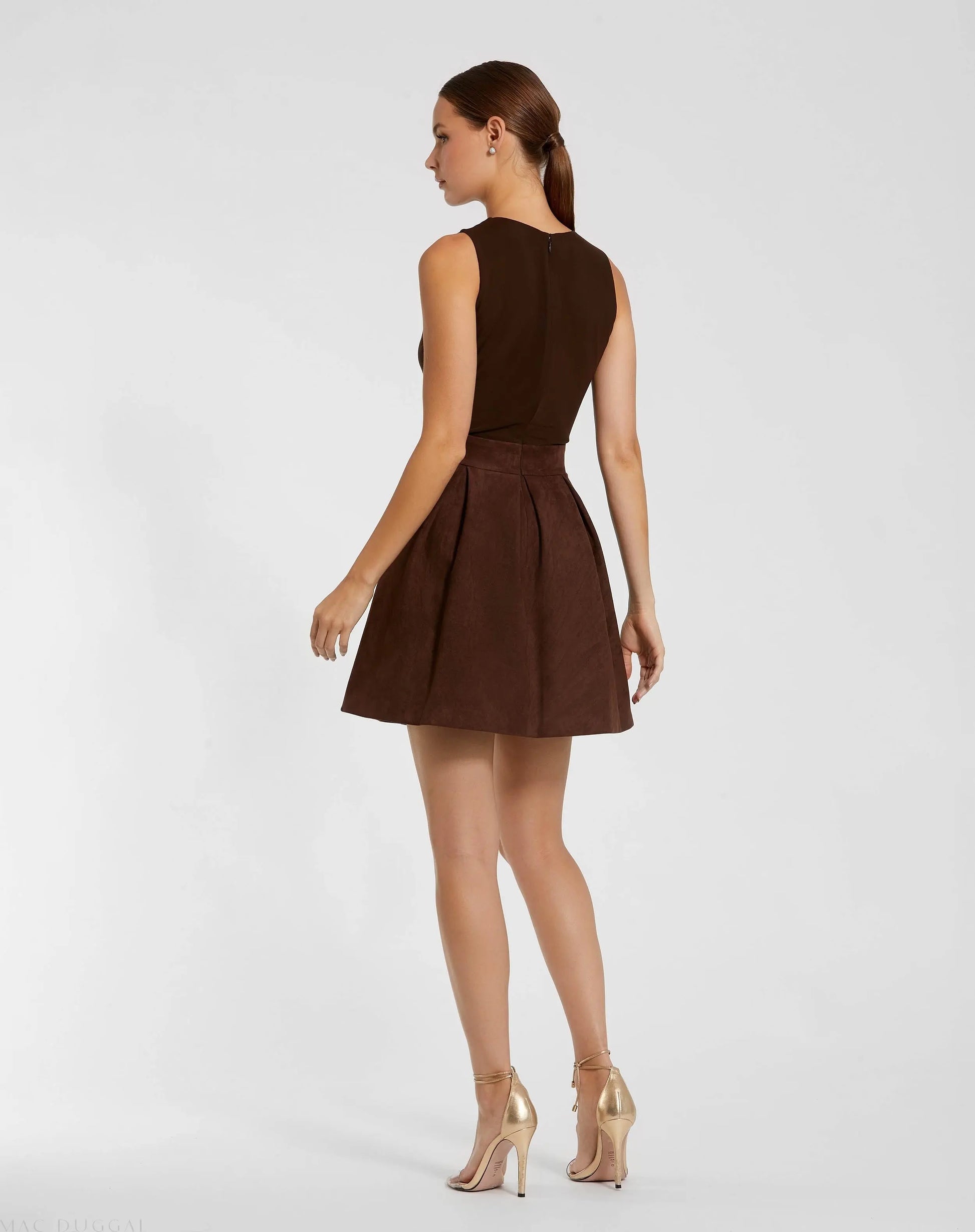 Brown Sleeveless Mesh And Suede A Line Mini Dress | Mac Duggal Brown Sleeveless Mesh And Suede A Line Mini Dress | Mac Duggal