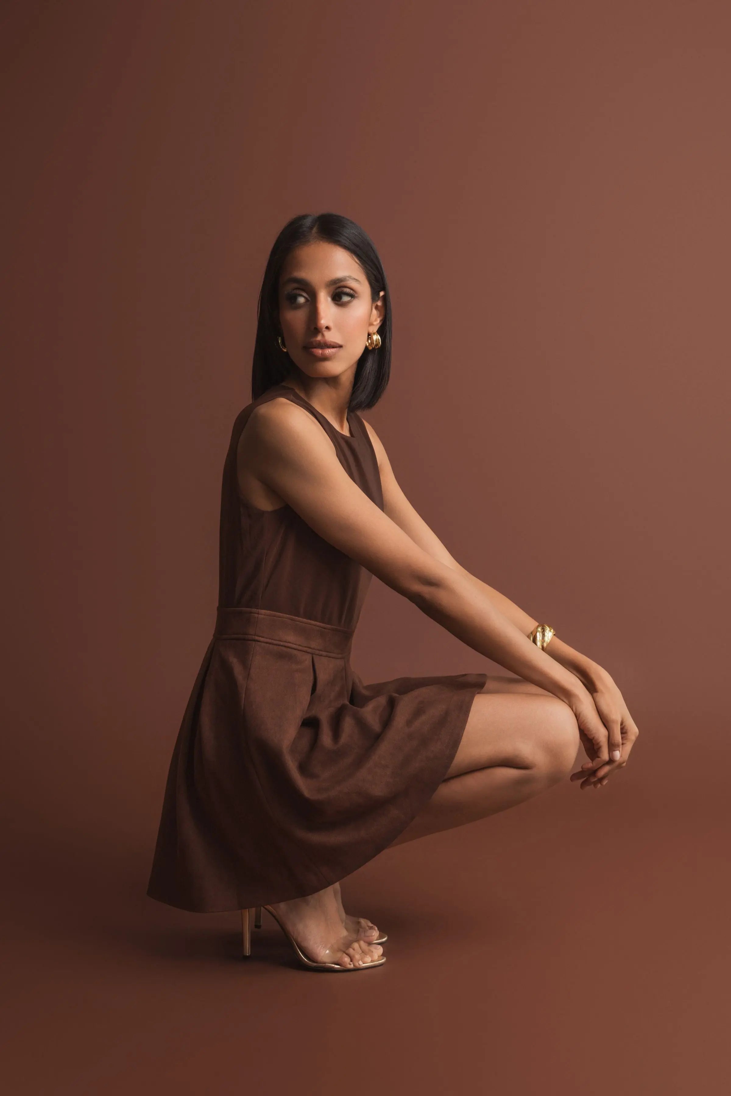 Brown Sleeveless Mesh And Suede A Line Mini Dress - Ieena for Mac Duggal