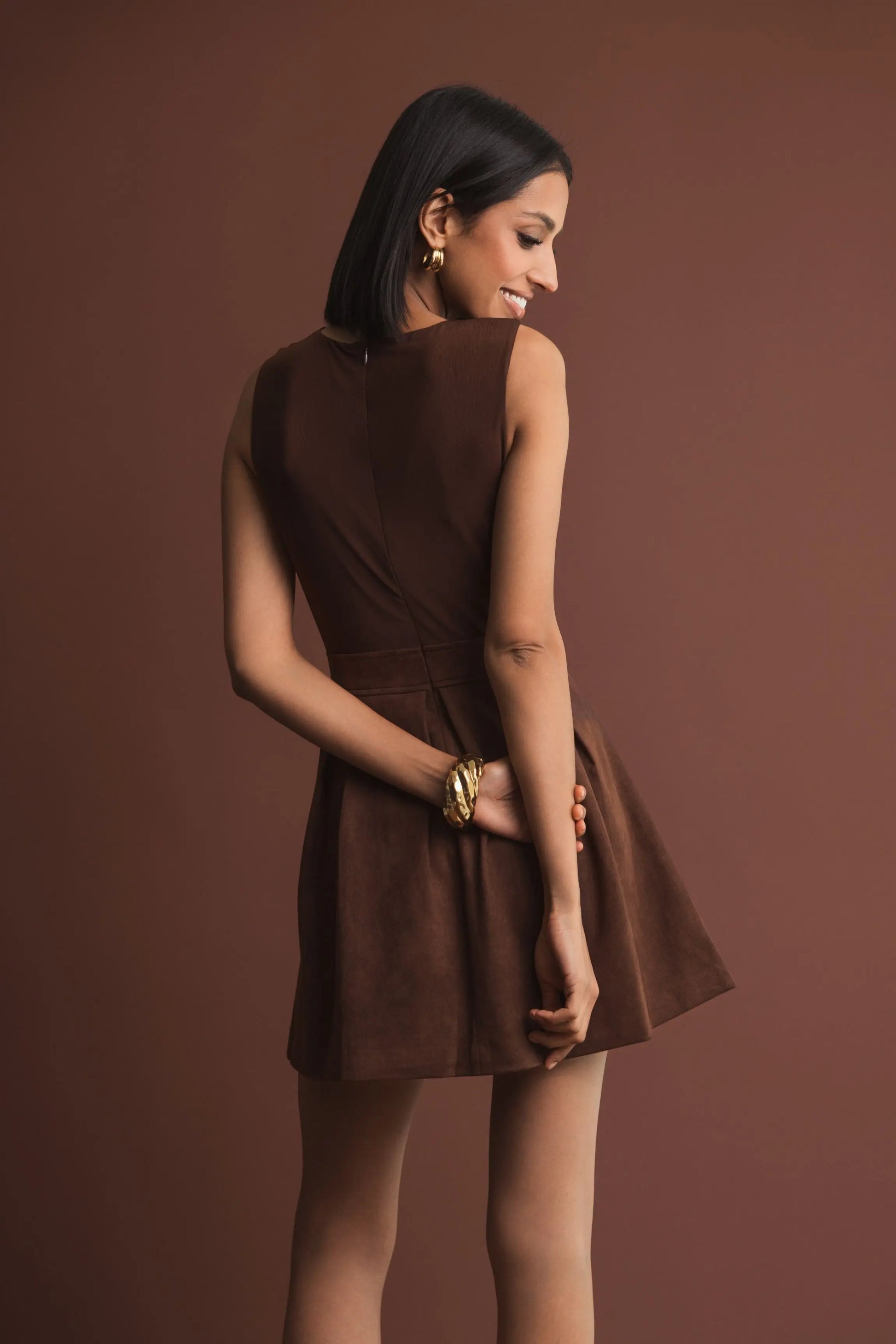 Brown Sleeveless Mesh And Suede A Line Mini Dress | Mac Duggal Brown Sleeveless Mesh And Suede A Line Mini Dress | Mac Duggal