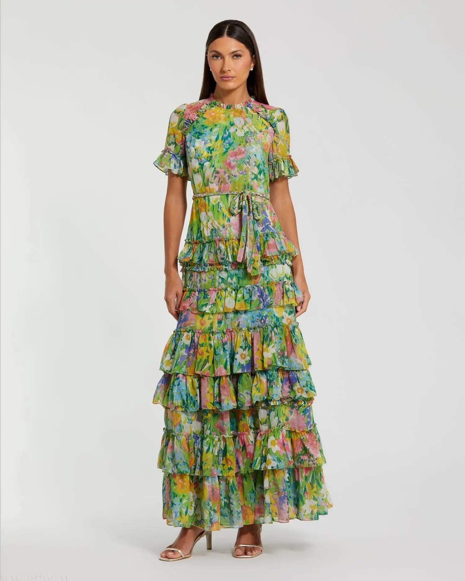 Mac Duggal Floral Printed Chiffon Tiered Ruffle Gown - Multi