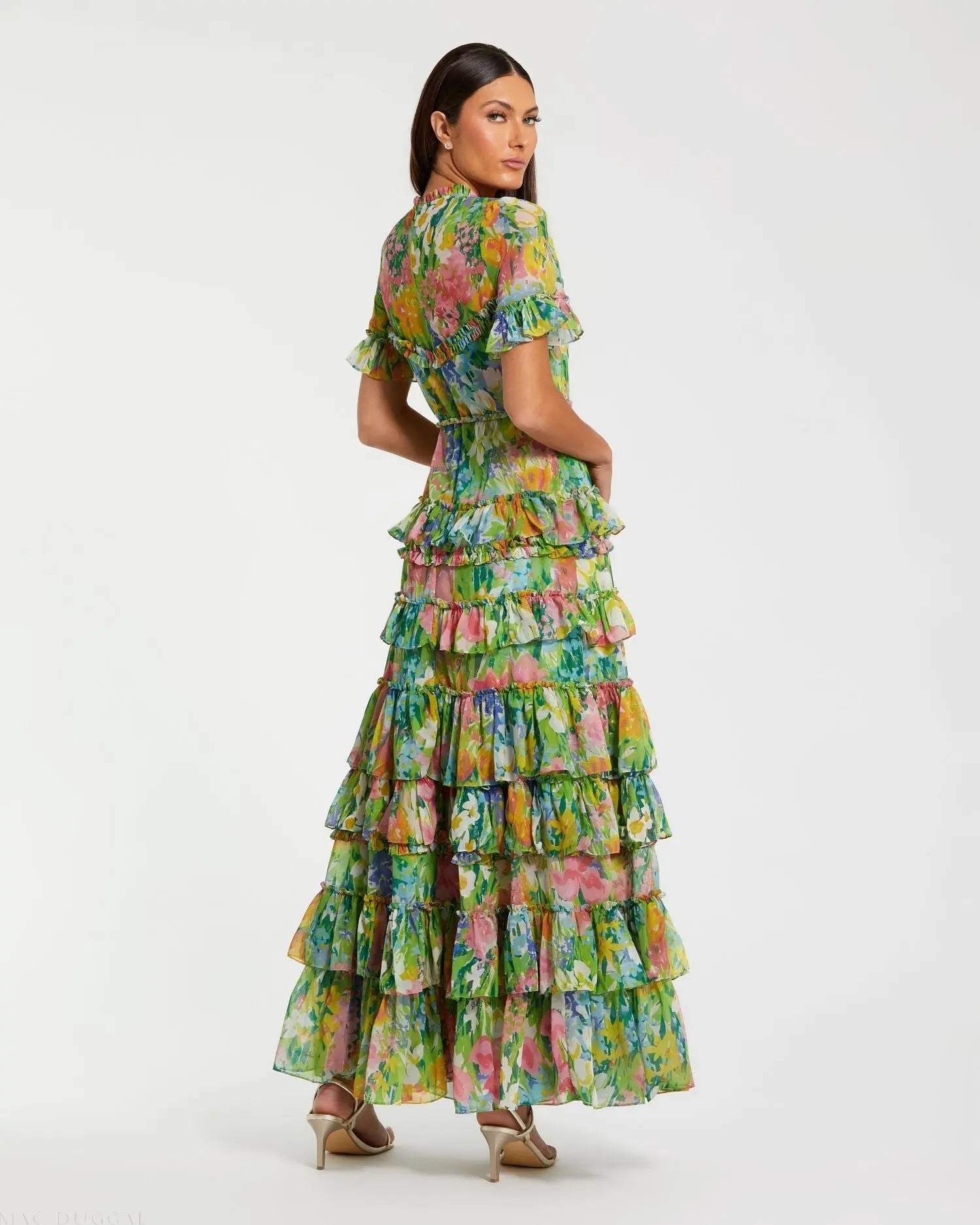 Green Ruffle Tiered Chiffon Floral Dress | Mac Duggal Green Ruffle Tiered Chiffon Floral Dress | Mac Duggal