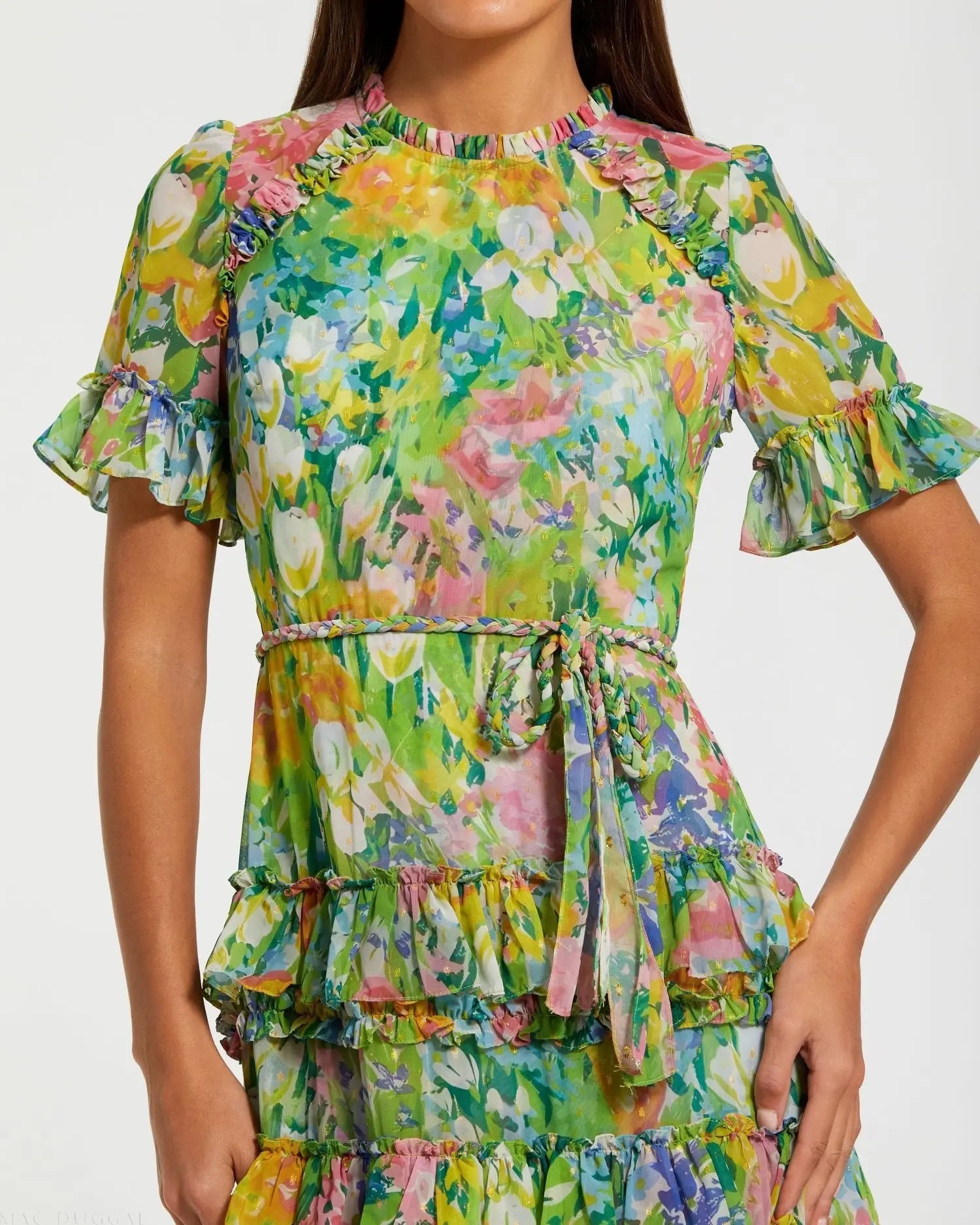 Green Ruffle Tiered Chiffon Floral Dress | Mac Duggal Green Ruffle Tiered Chiffon Floral Dress | Mac Duggal