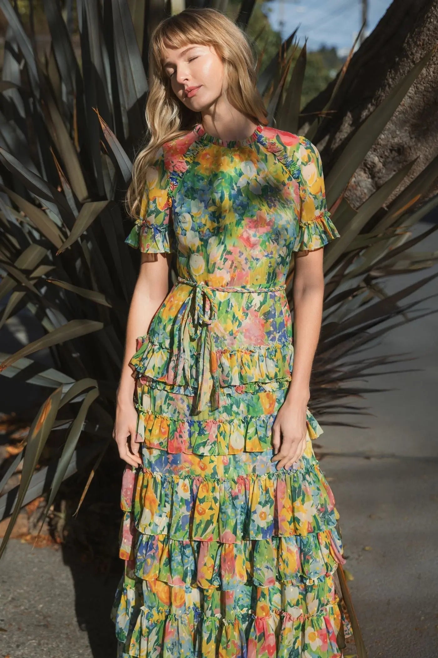 Green Ruffle Tiered Chiffon Floral Dress | Mac Duggal Green Ruffle Tiered Chiffon Floral Dress | Mac Duggal