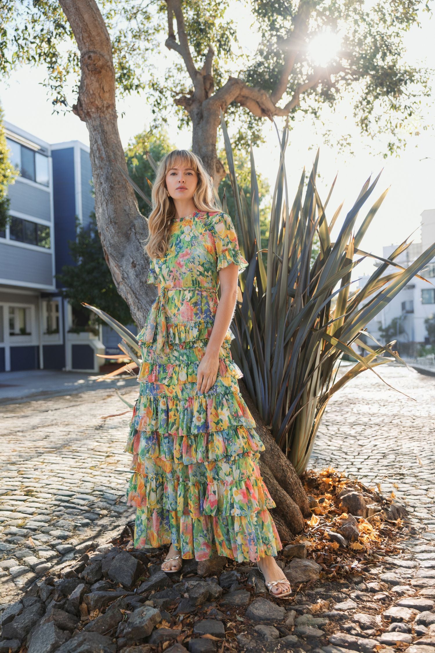 Green Ruffle Tiered Chiffon Floral Dress | Mac Duggal Multi / US 6 Green Ruffle Tiered Chiffon Floral Dress | Mac Duggal Multi / US 6