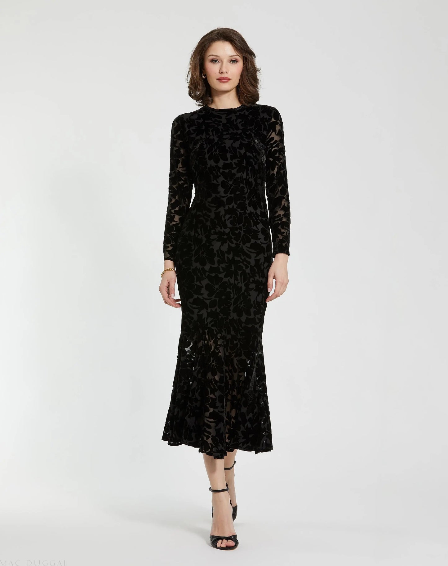 Black Burnout Velvet Long Sleeve Ruffle Hem Midi Dress - Mac Duggal