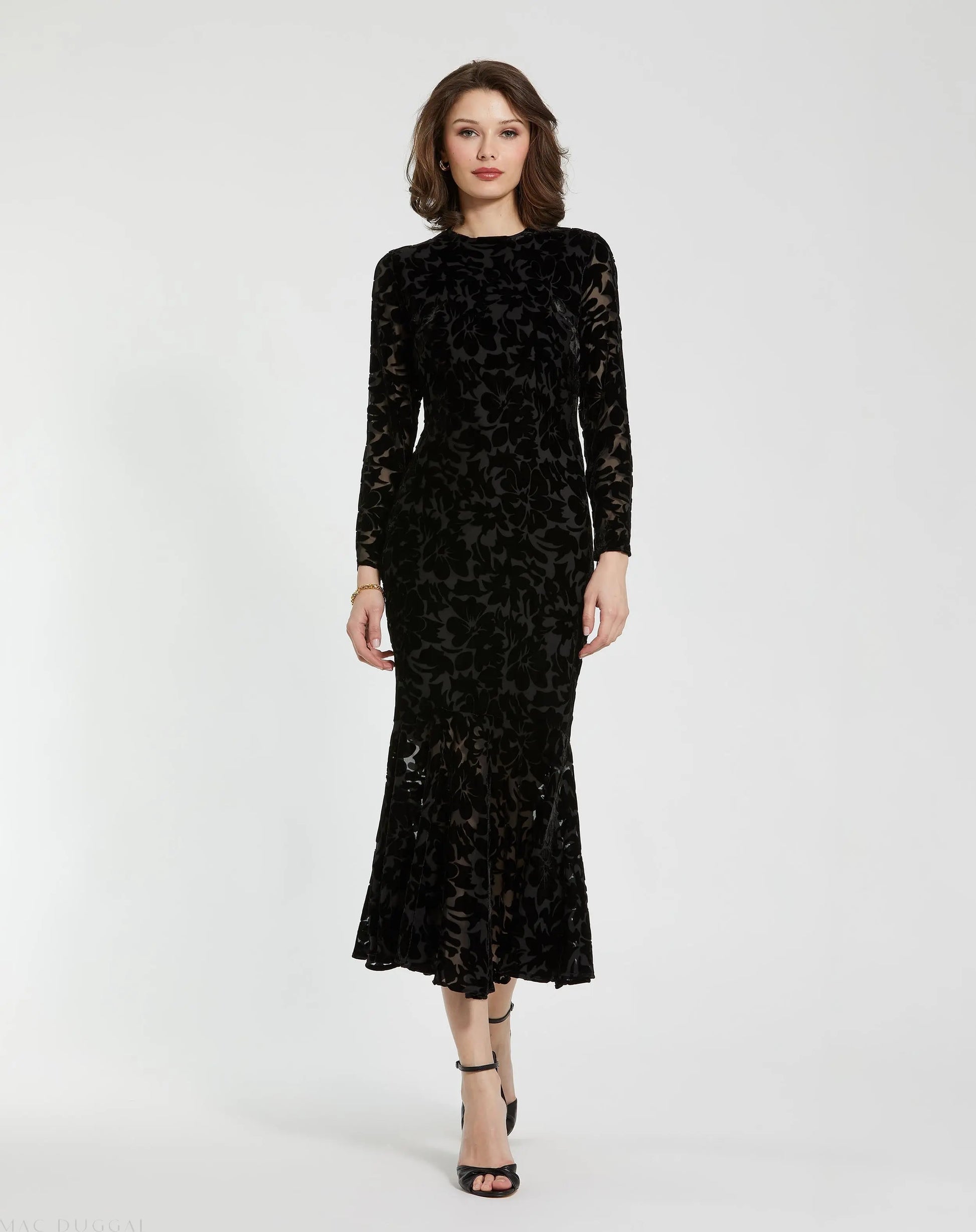 Black Burnout Velvet Long Sleeve Ruffle Hem Midi Dress - Mac Duggal