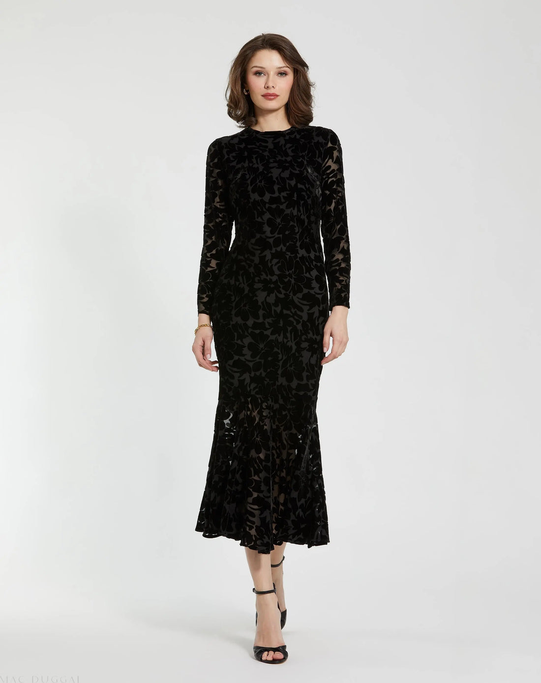 Black Burnout Velvet Long Sleeve Ruffle Hem Midi Dress - Mac Duggal