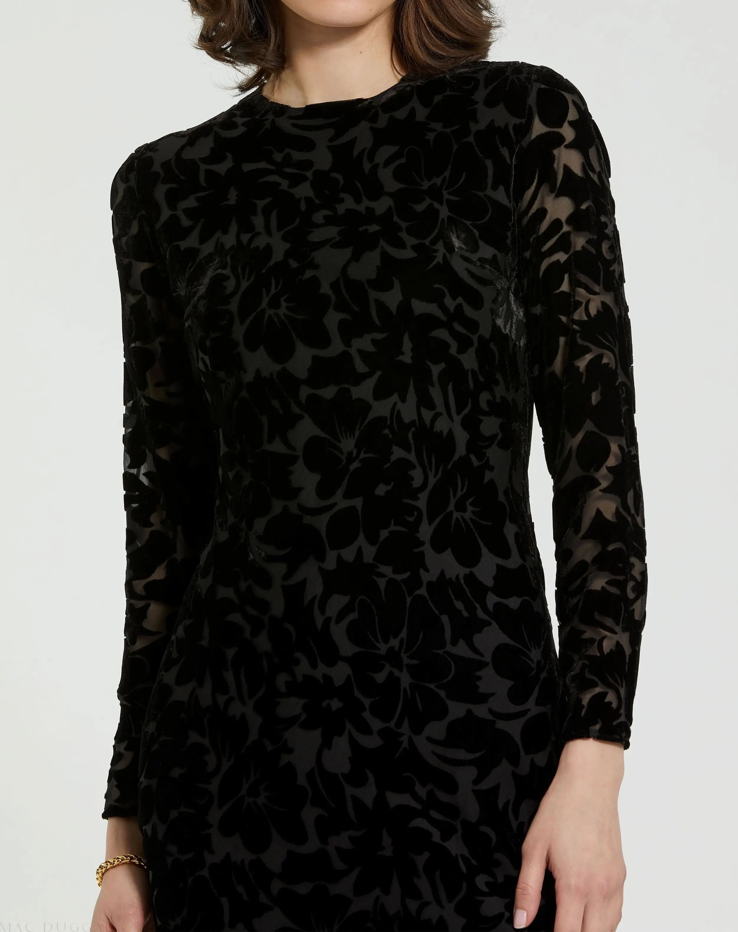 Black Burnout Velvet Long Sleeve Ruffle Hem Midi Dress - Mac Duggal