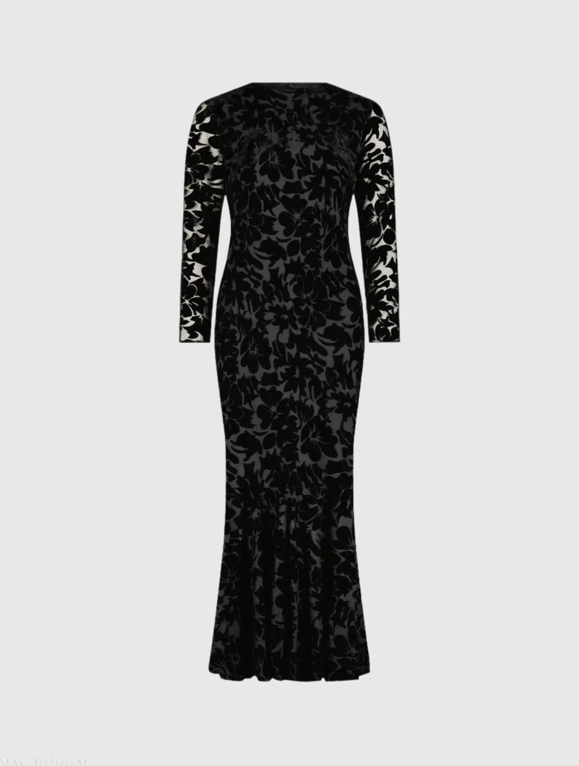 Black Burnout Velvet Long Sleeve Midi Dress - Mac Duggal Black Burnout Velvet Long Sleeve Midi Dress - Mac Duggal