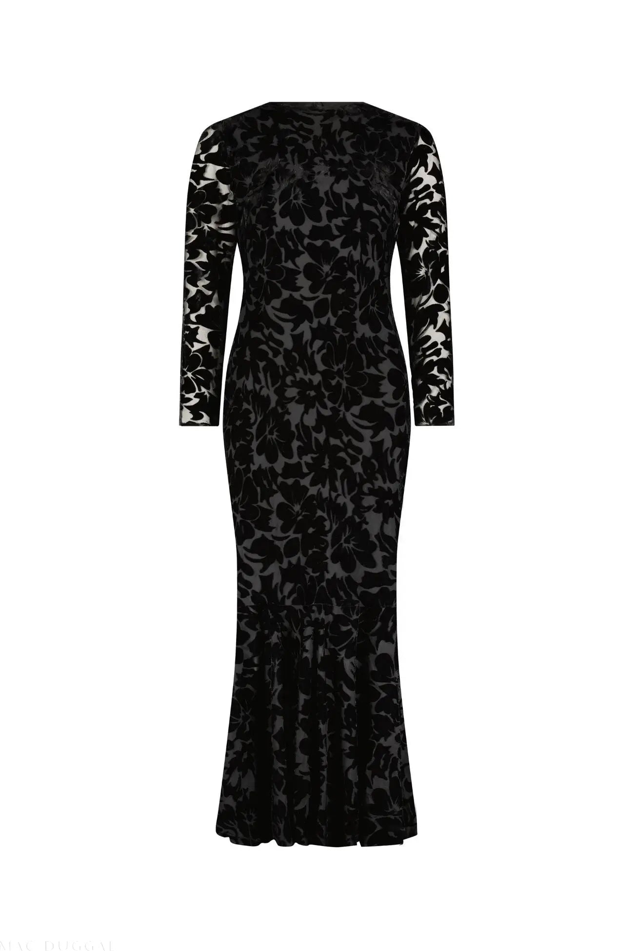 Black Burnout Velvet Long Sleeve Midi Dress - Mac Duggal Black Burnout Velvet Long Sleeve Midi Dress - Mac Duggal
