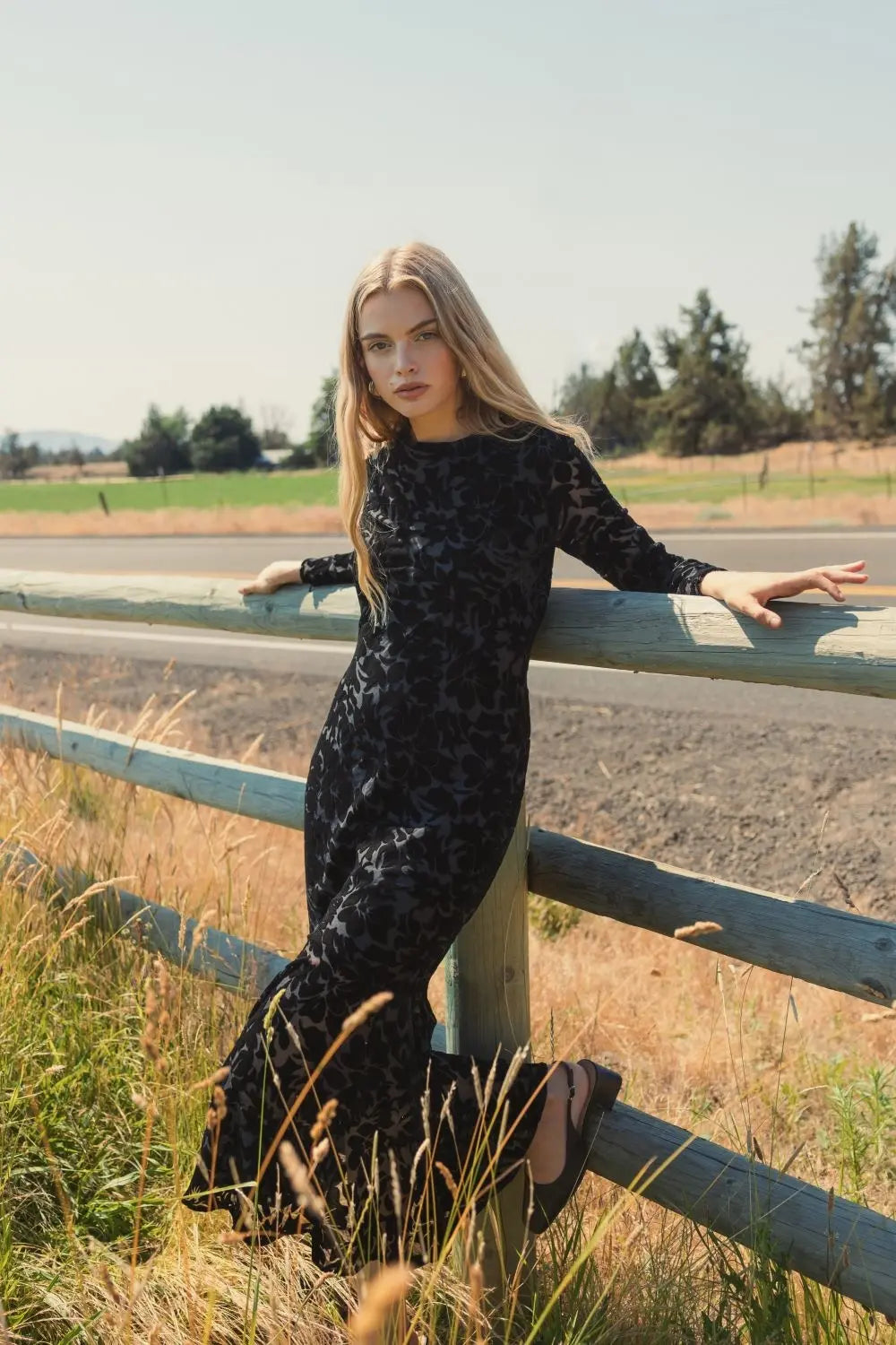 Black Burnout Velvet Long Sleeve Midi Dress - Mac Duggal Black Burnout Velvet Long Sleeve Midi Dress - Mac Duggal