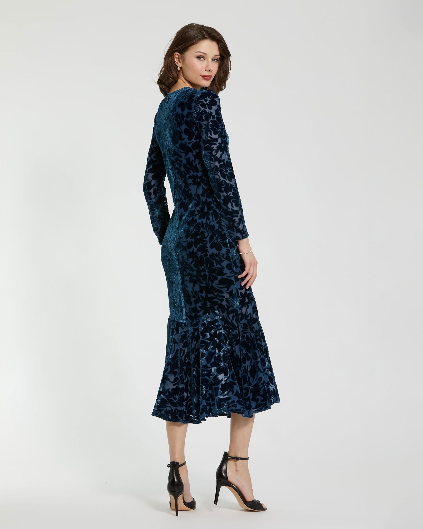 Dark Blue Burnout Velvet Long Sleeve Midi Dress Mac Duggal