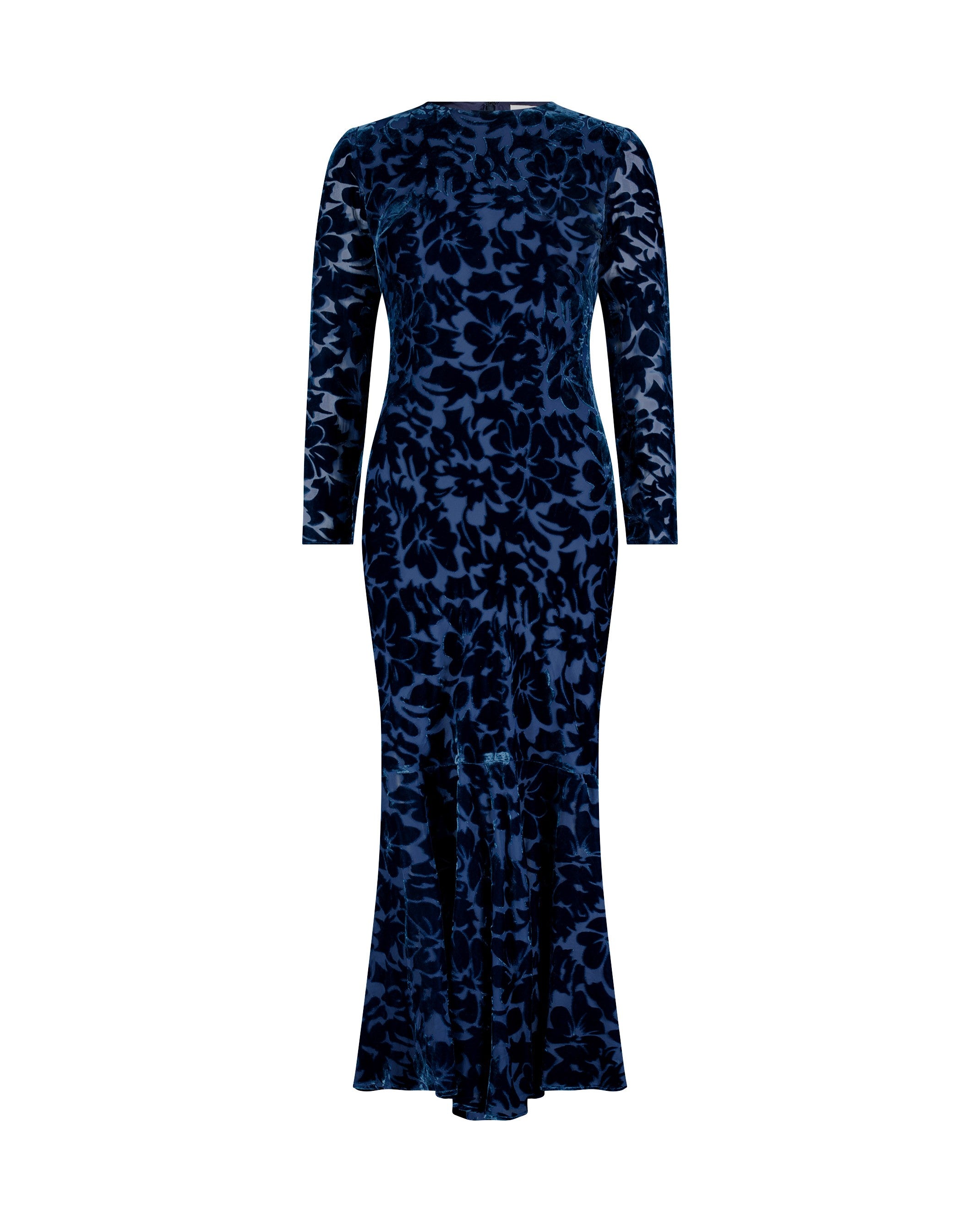 Dark Blue Burnout Velvet Long Sleeve Midi Dress Mac Duggal