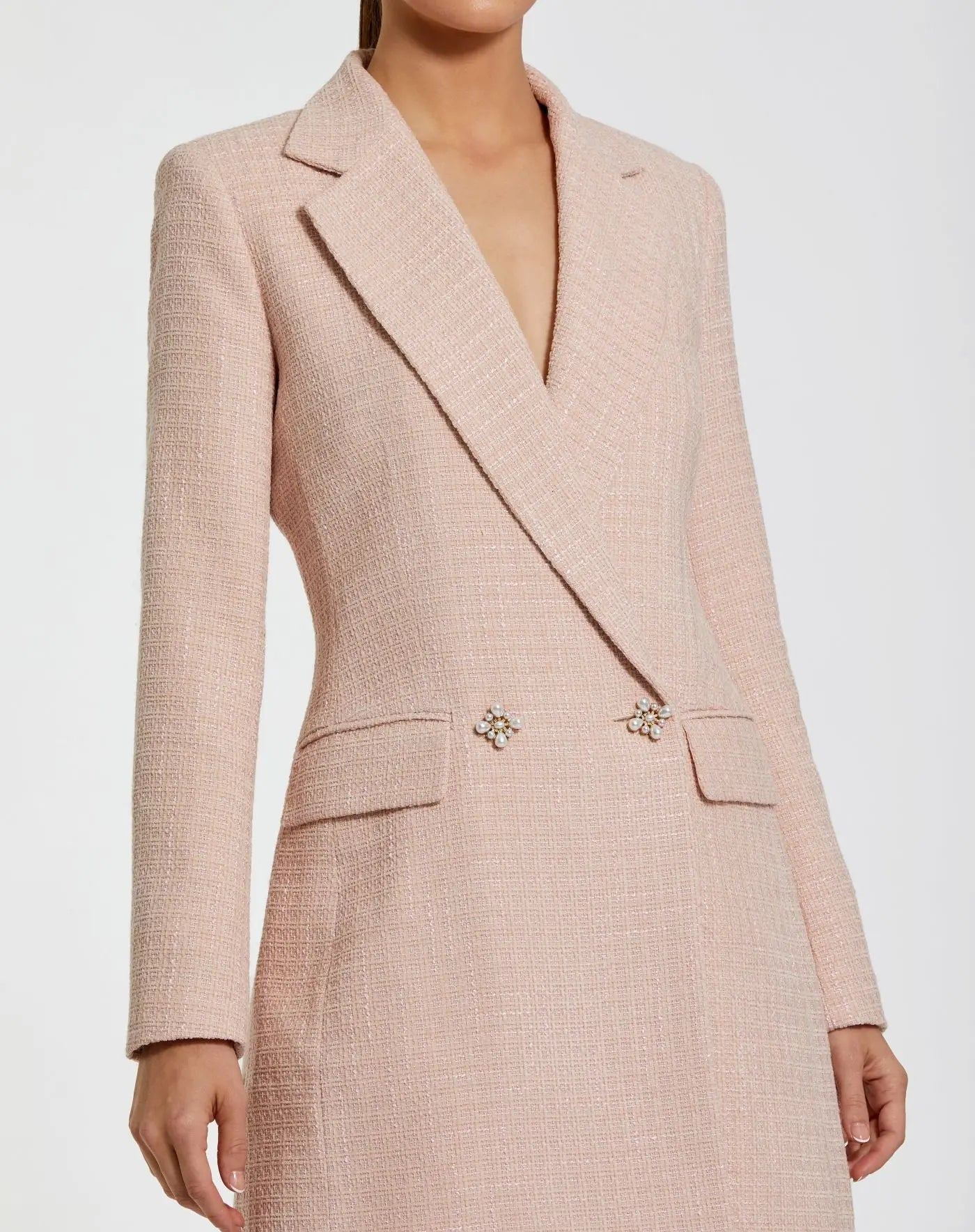 Pink Boucle Long Sleeve Blazer Mini Dress | Mac Duggal Pink Boucle Long Sleeve Blazer Mini Dress | Mac Duggal