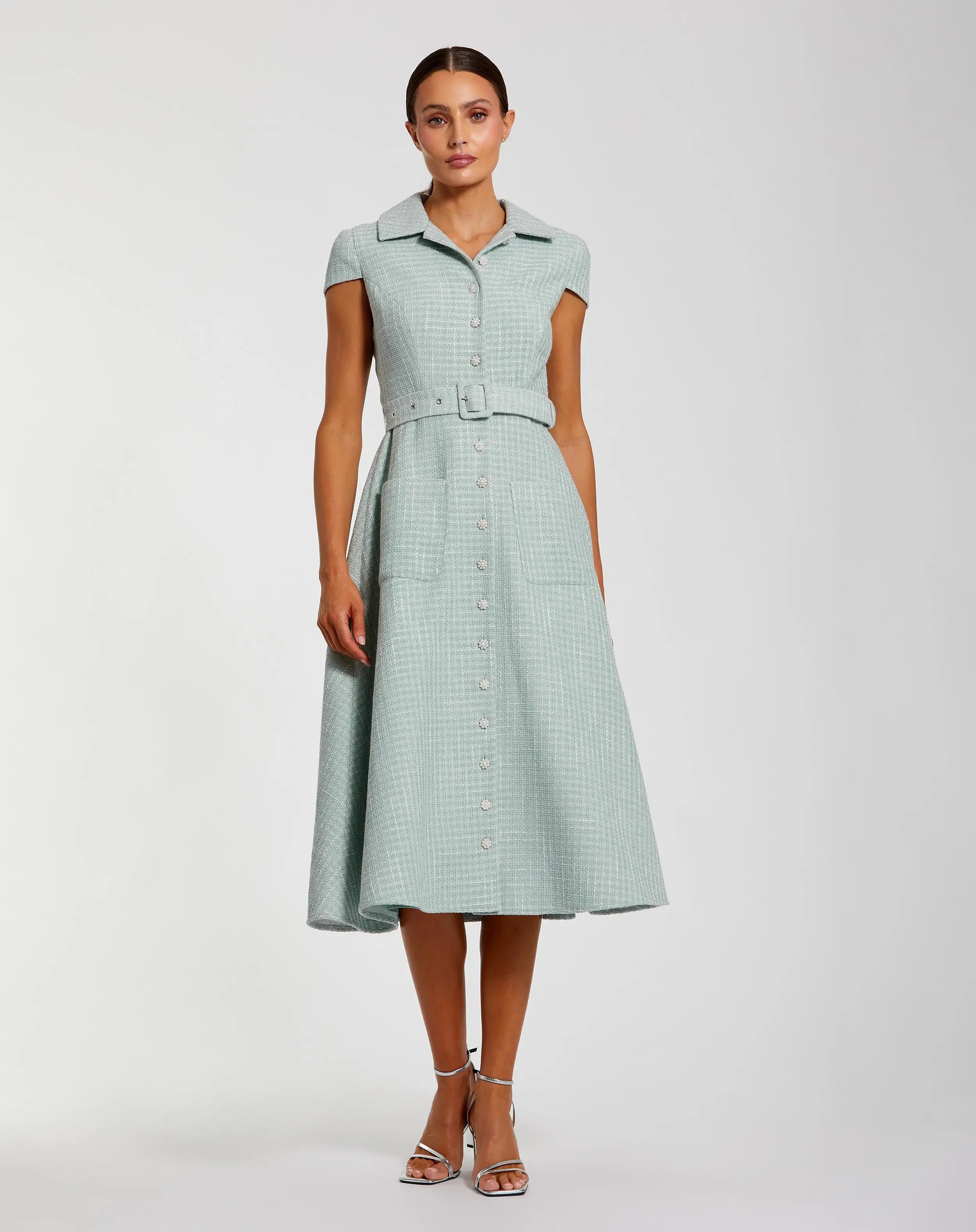 Light Blue Boucle Cap Sleeve Button Up Midi Dress - Mac Duggal